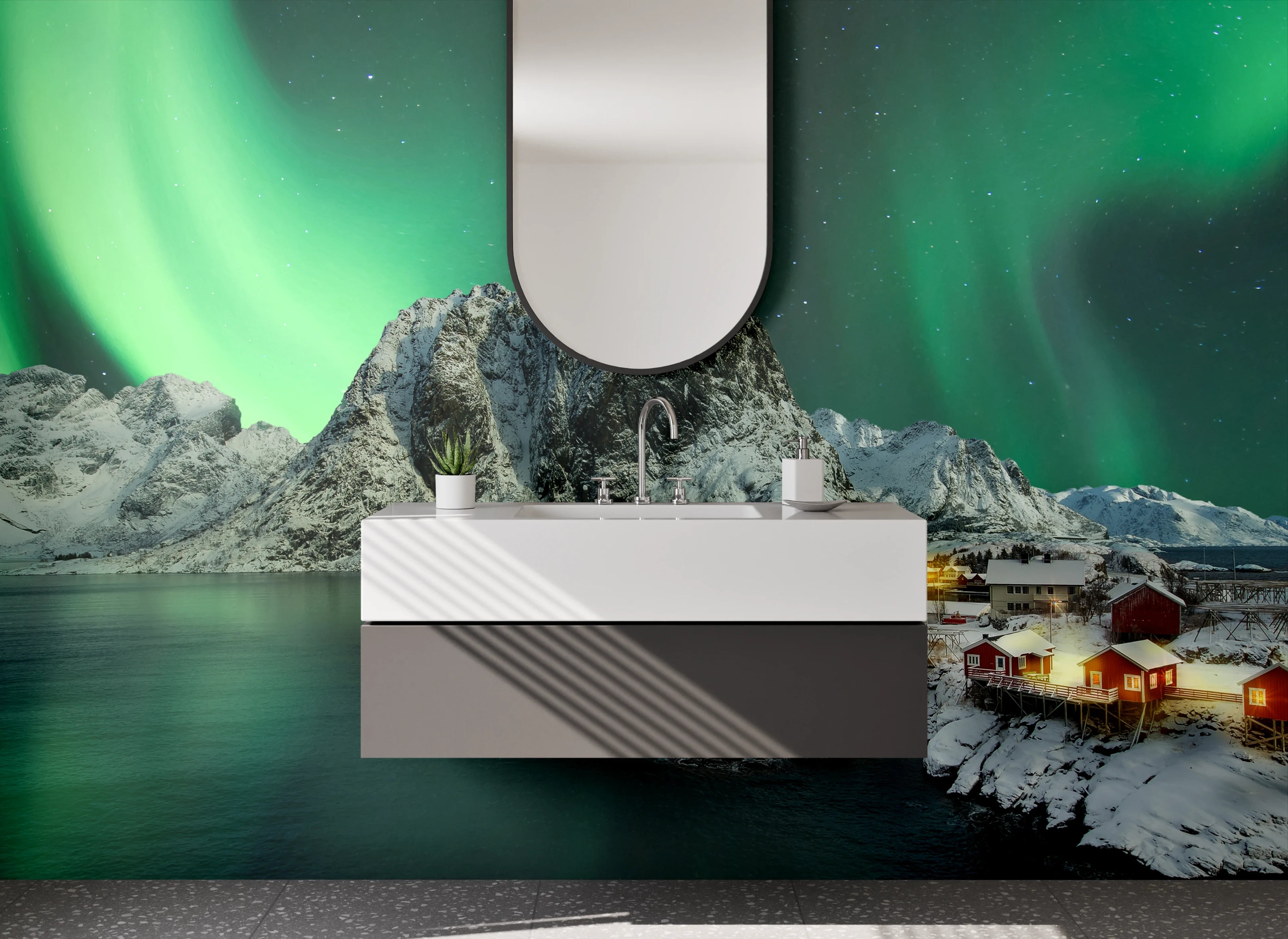 Waschbecken-Rückwand - Grauweißes Nordlicht über verschneiten Gipfeln