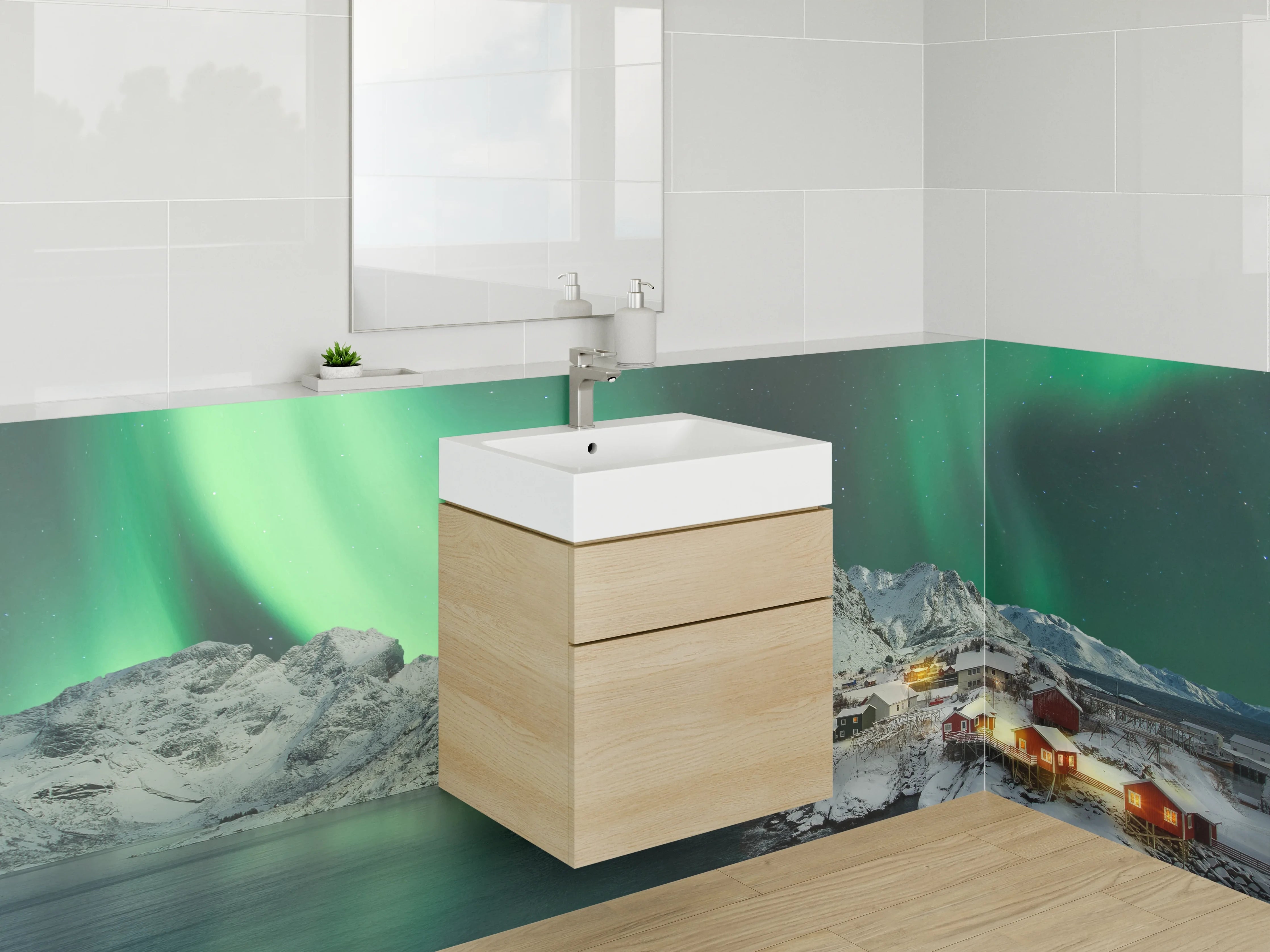 Waschbecken-Rückwand - Grauweißes Nordlicht über verschneiten Gipfeln