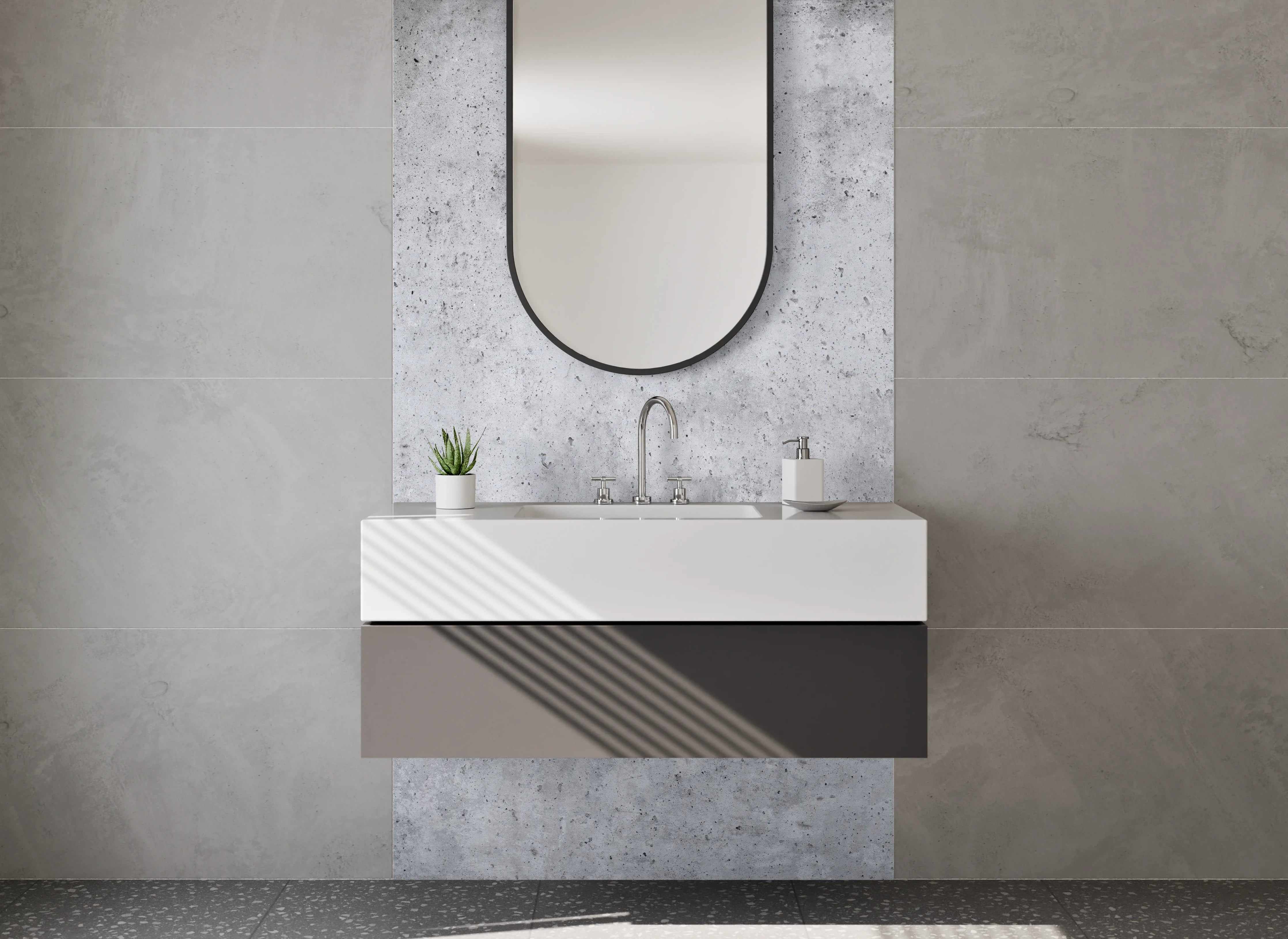 Waschbecken-Rückwand - Grauweißes Wandbild mit Betoncharme