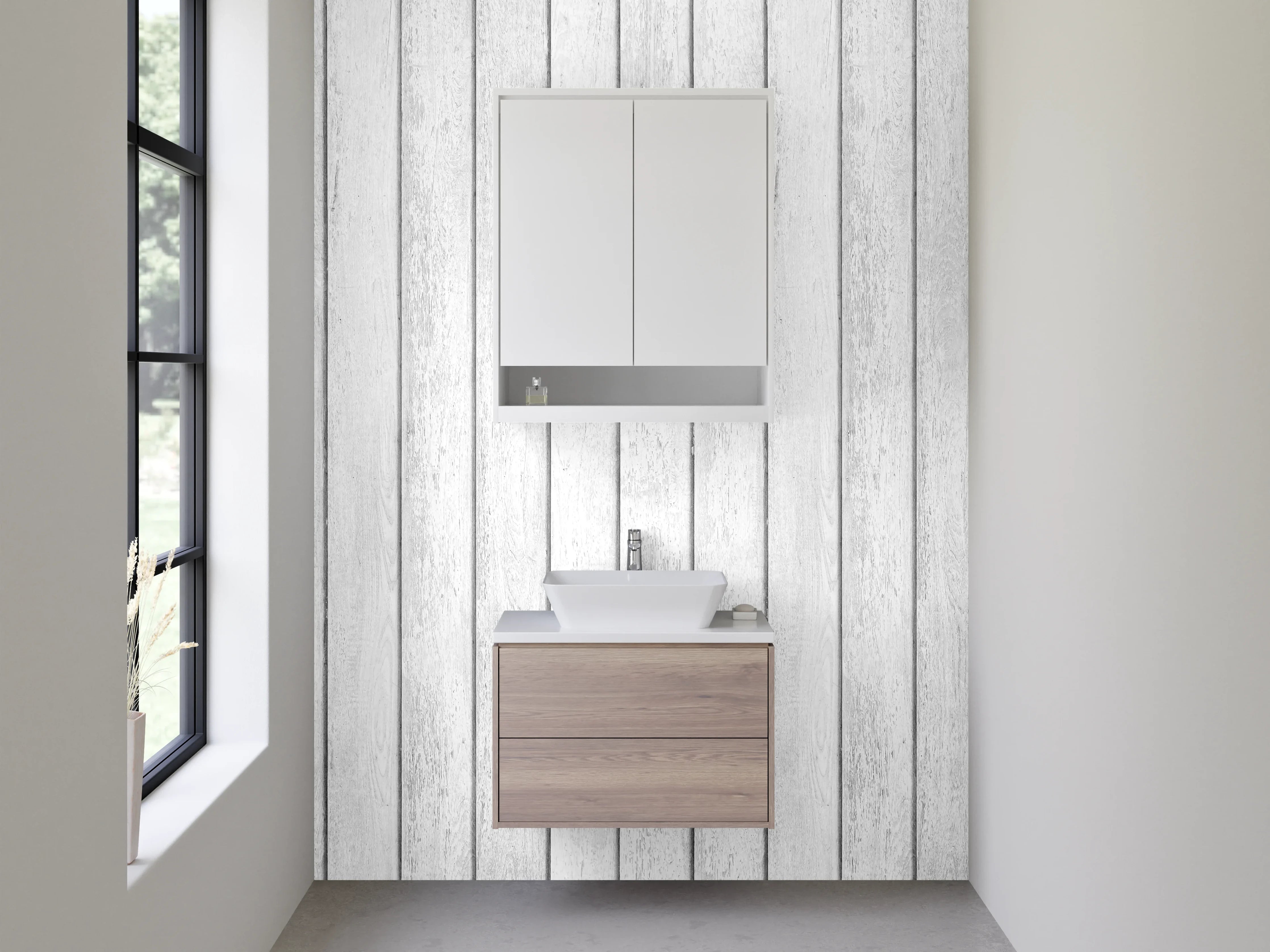 Waschbecken-Rückwand - Grauweißes Wandpaneel in Holzdesign