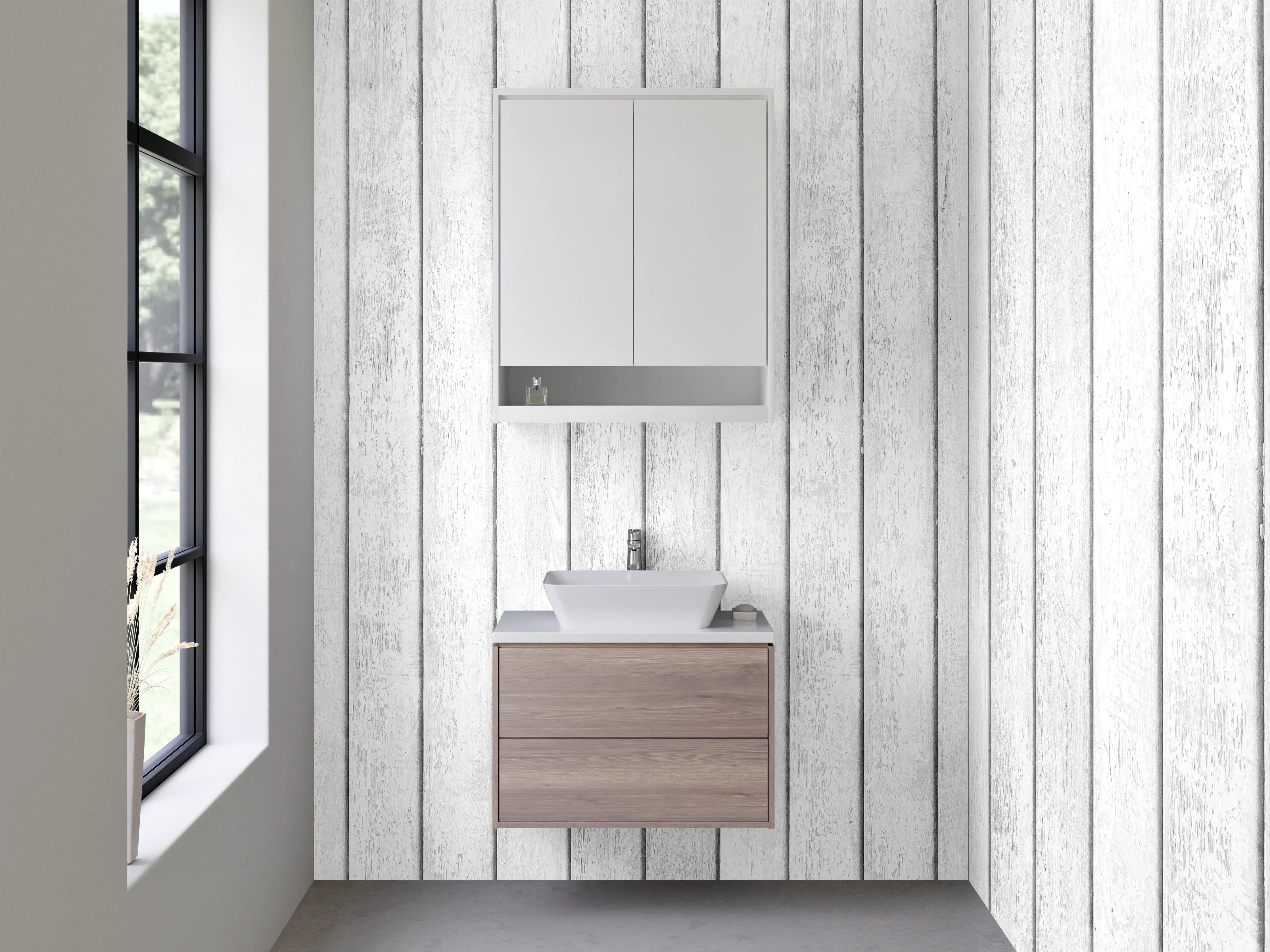 Waschbecken-Rückwand - Grauweißes Wandpaneel in Holzdesign