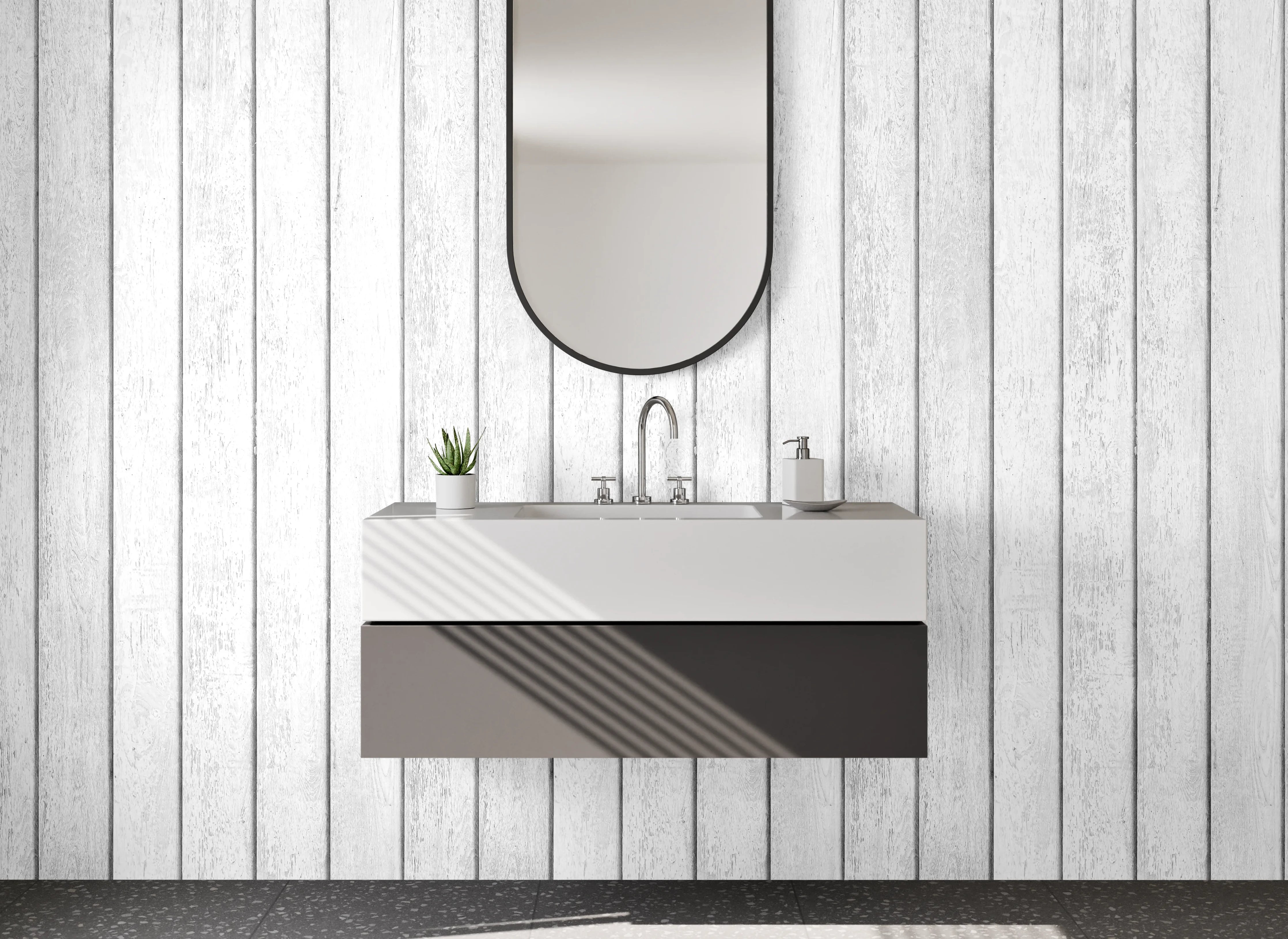 Waschbecken-Rückwand - Grauweißes Wandpaneel in Holzdesign