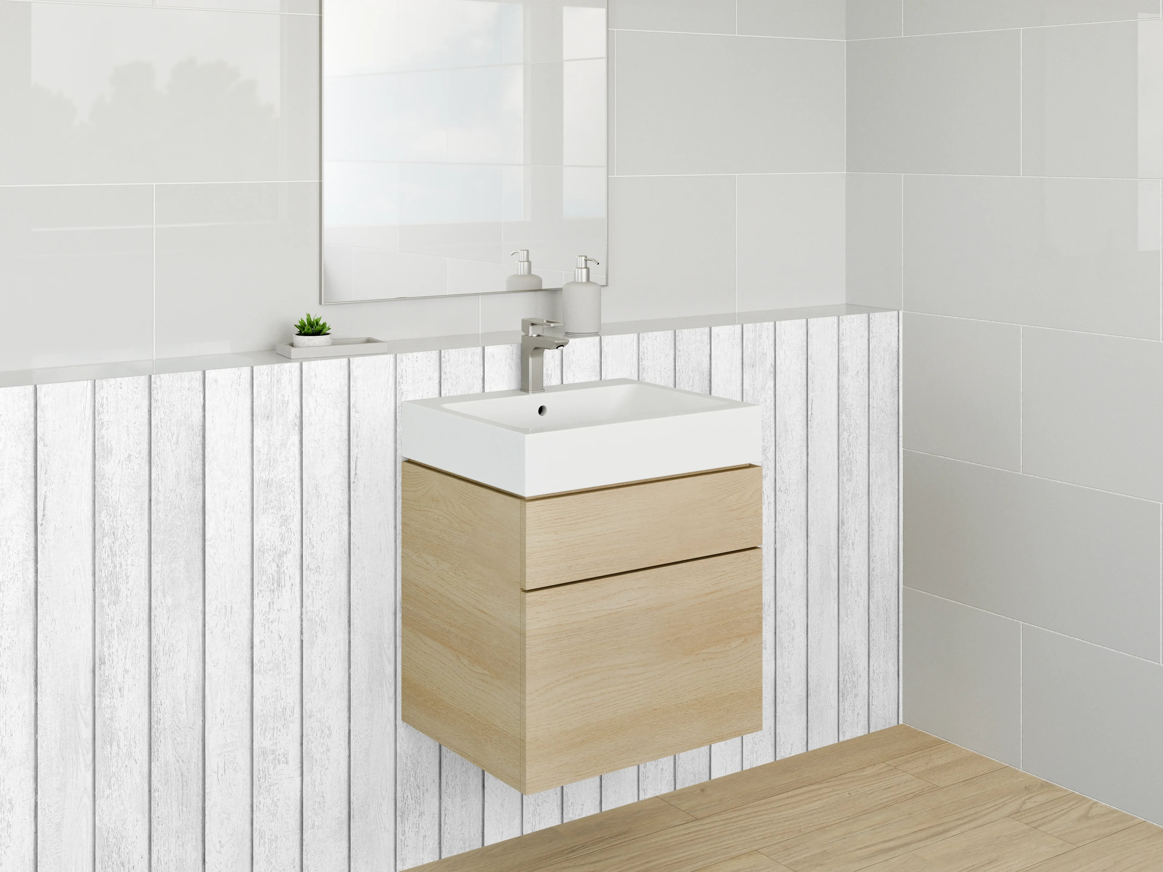 Waschbecken-Rückwand - Grauweißes Wandpaneel in Holzdesign