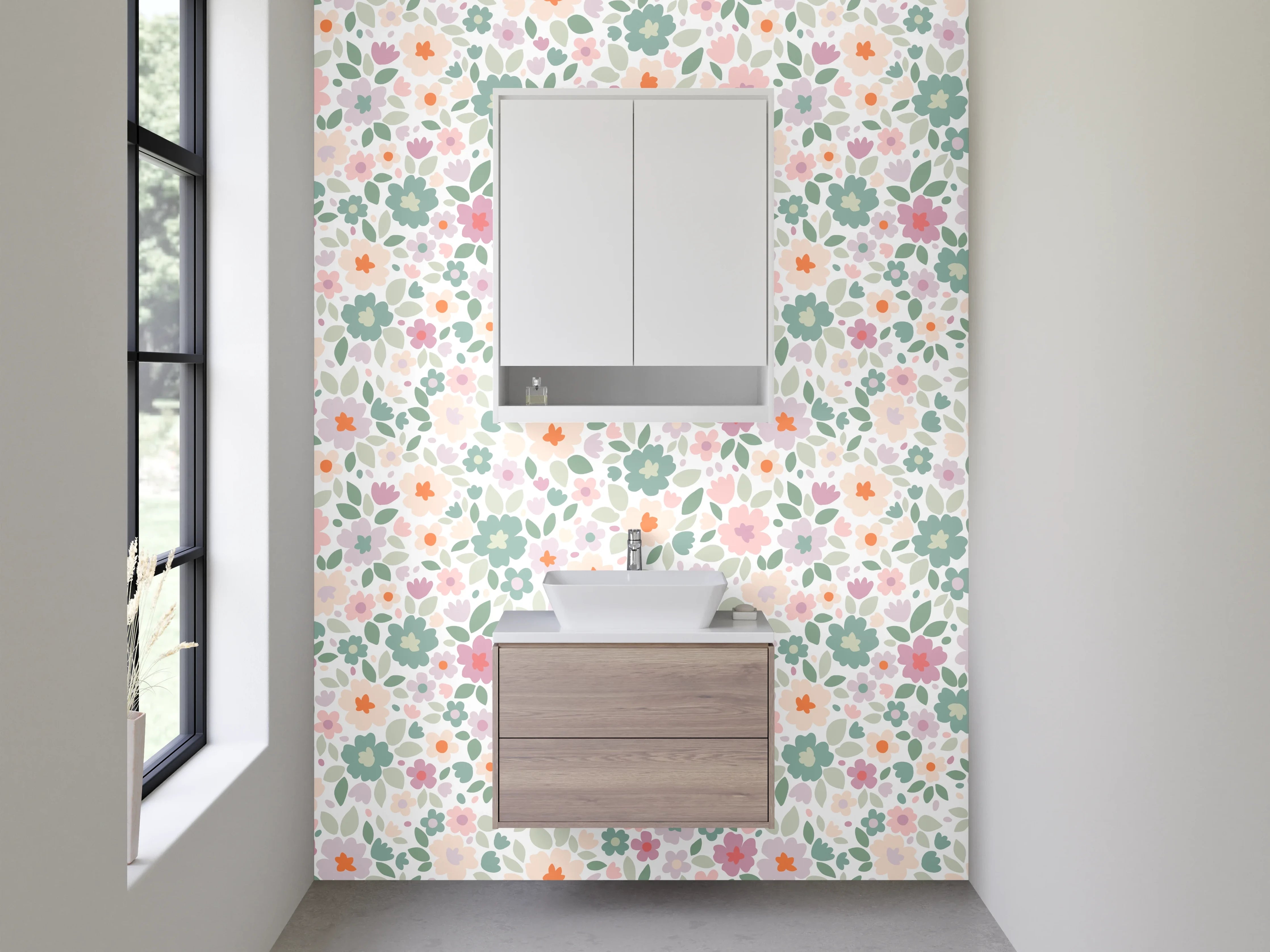 Waschbecken-Rückwand - Graziöse Blüten in Pastell mit Grau