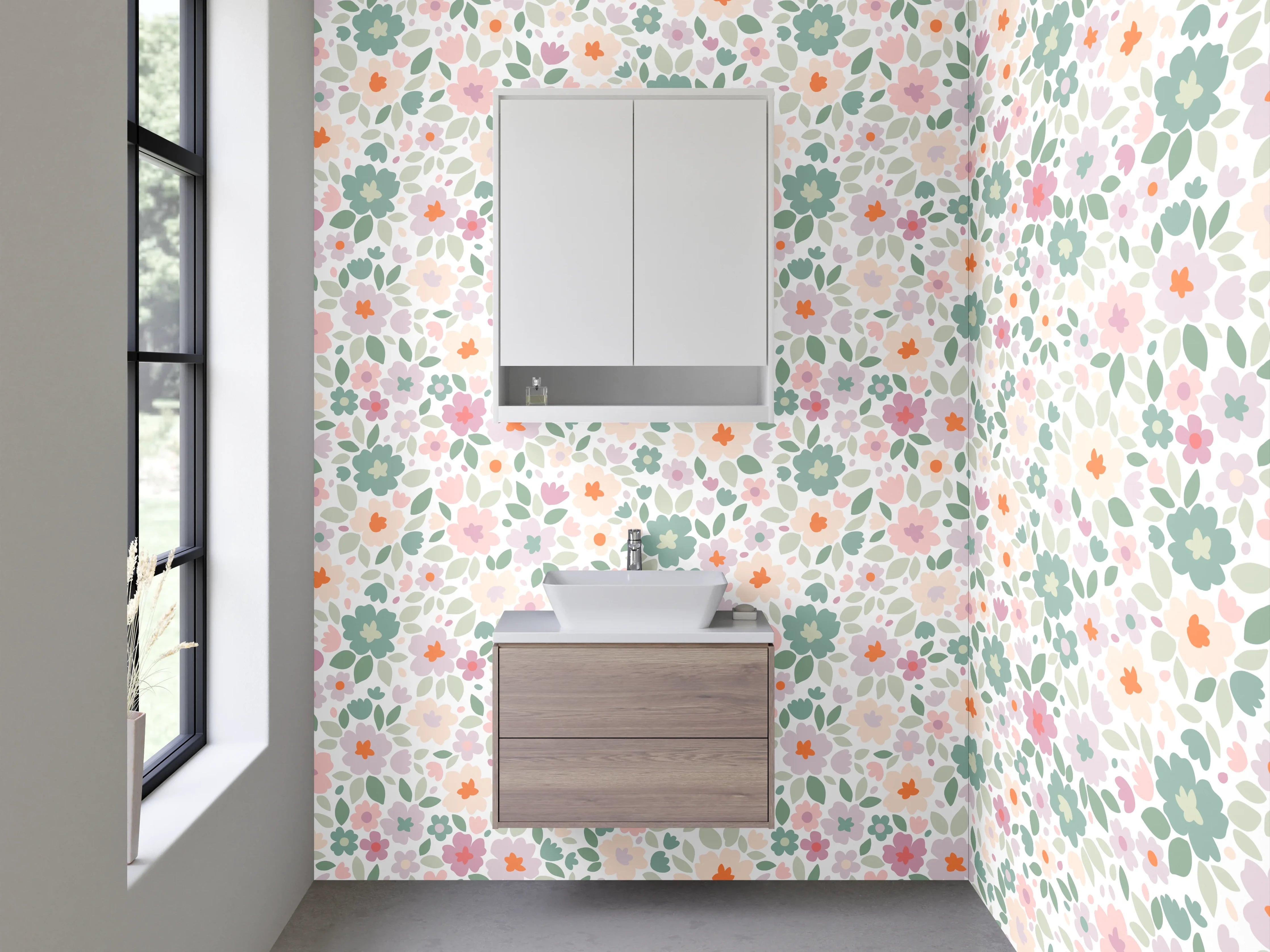 Waschbecken-Rückwand - Graziöse Blüten in Pastell mit Grau