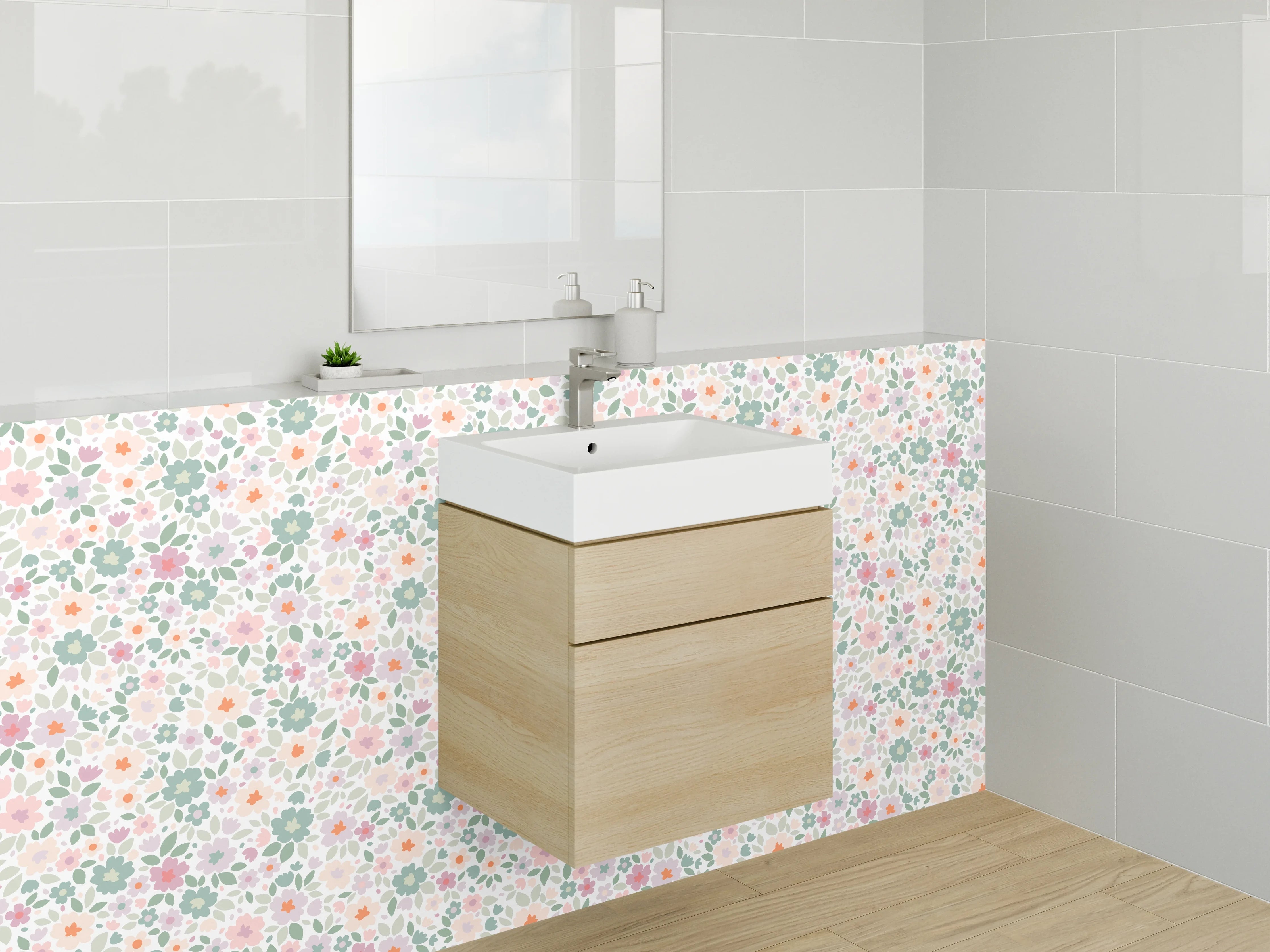 Waschbecken-Rückwand - Graziöse Blüten in Pastell mit Grau