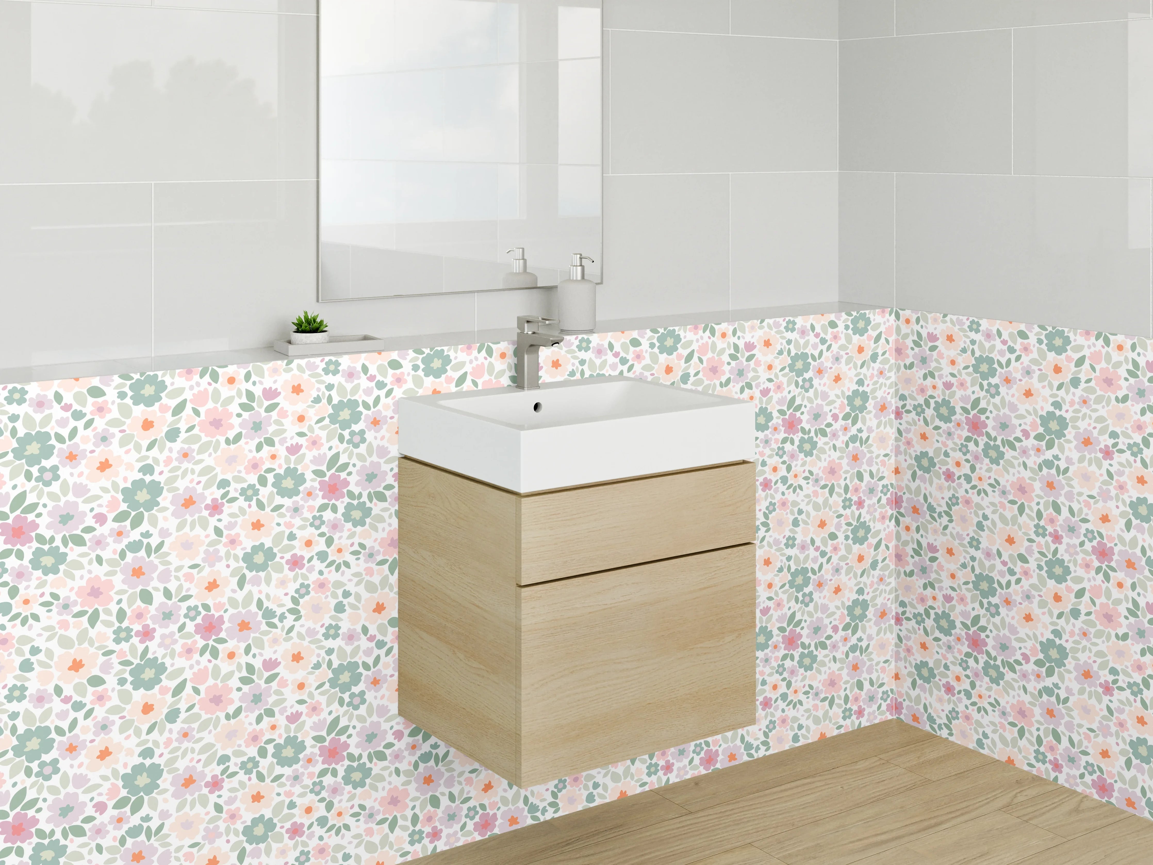 Waschbecken-Rückwand - Graziöse Blüten in Pastell mit Grau