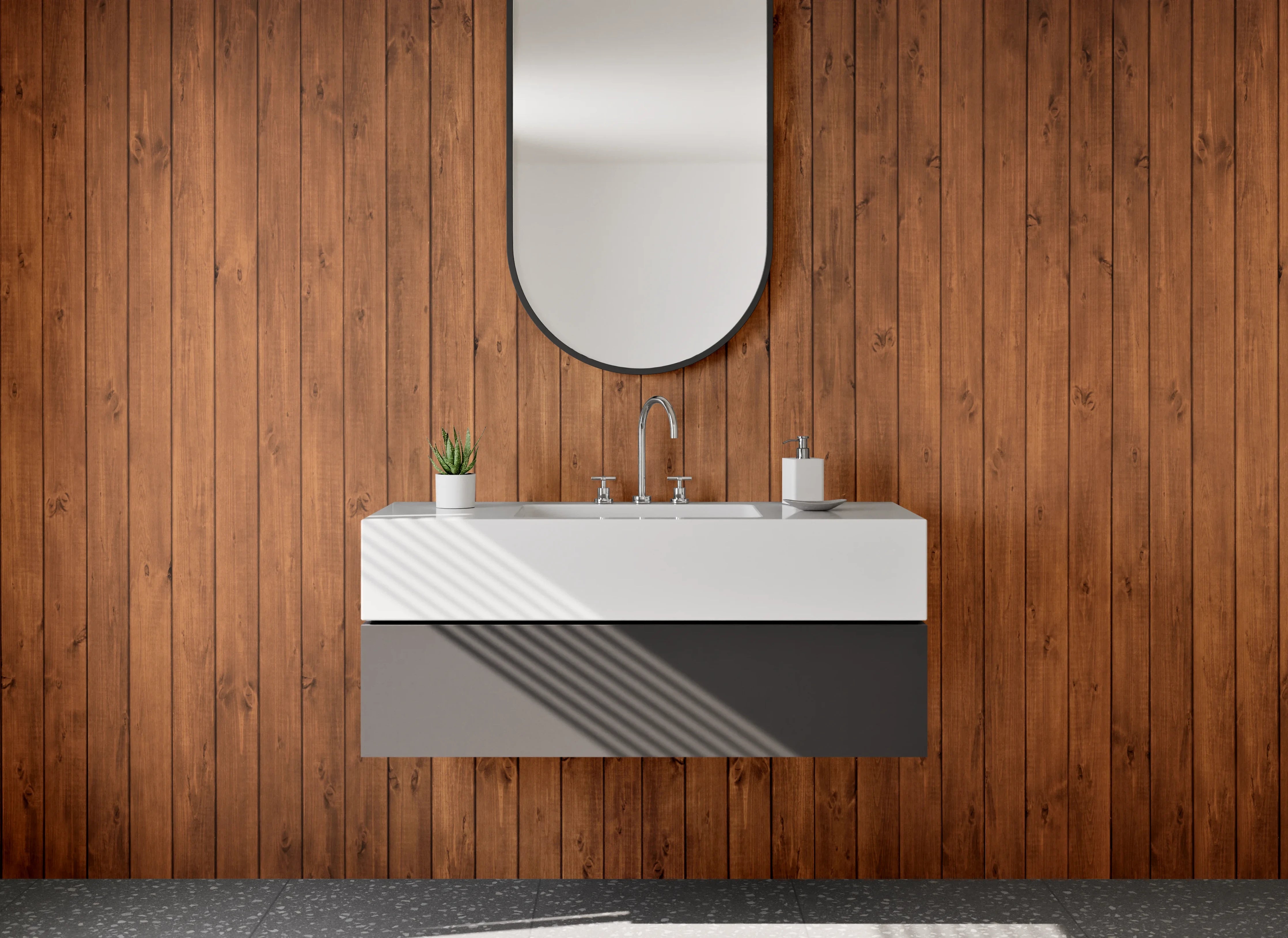 Waschbecken-Rückwand - Große Holzvertäfelung in warmen Braun- und Gotik-Tönen