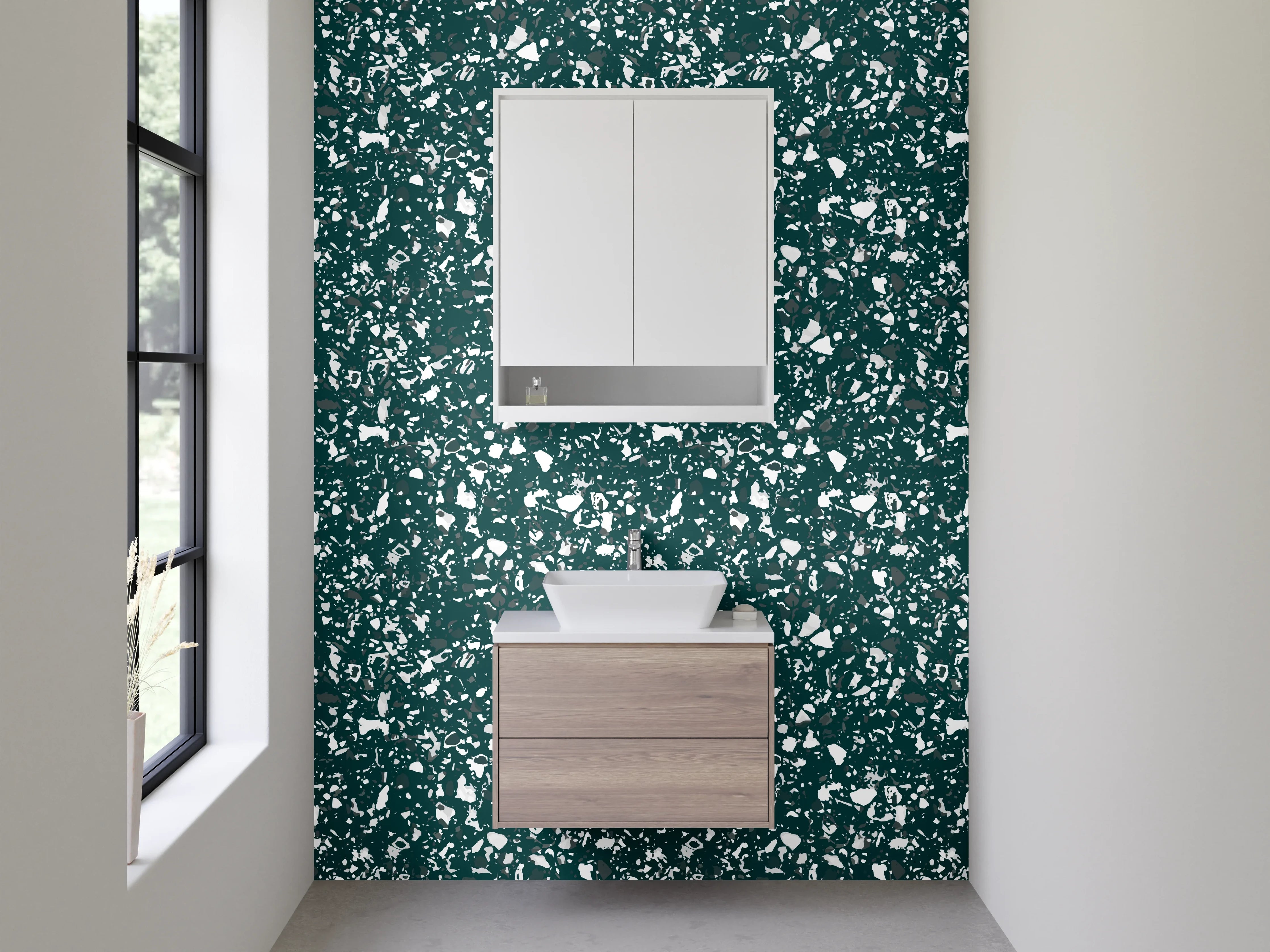 Waschbecken-Rückwand - Grün-Graue Blüten auf Weiß