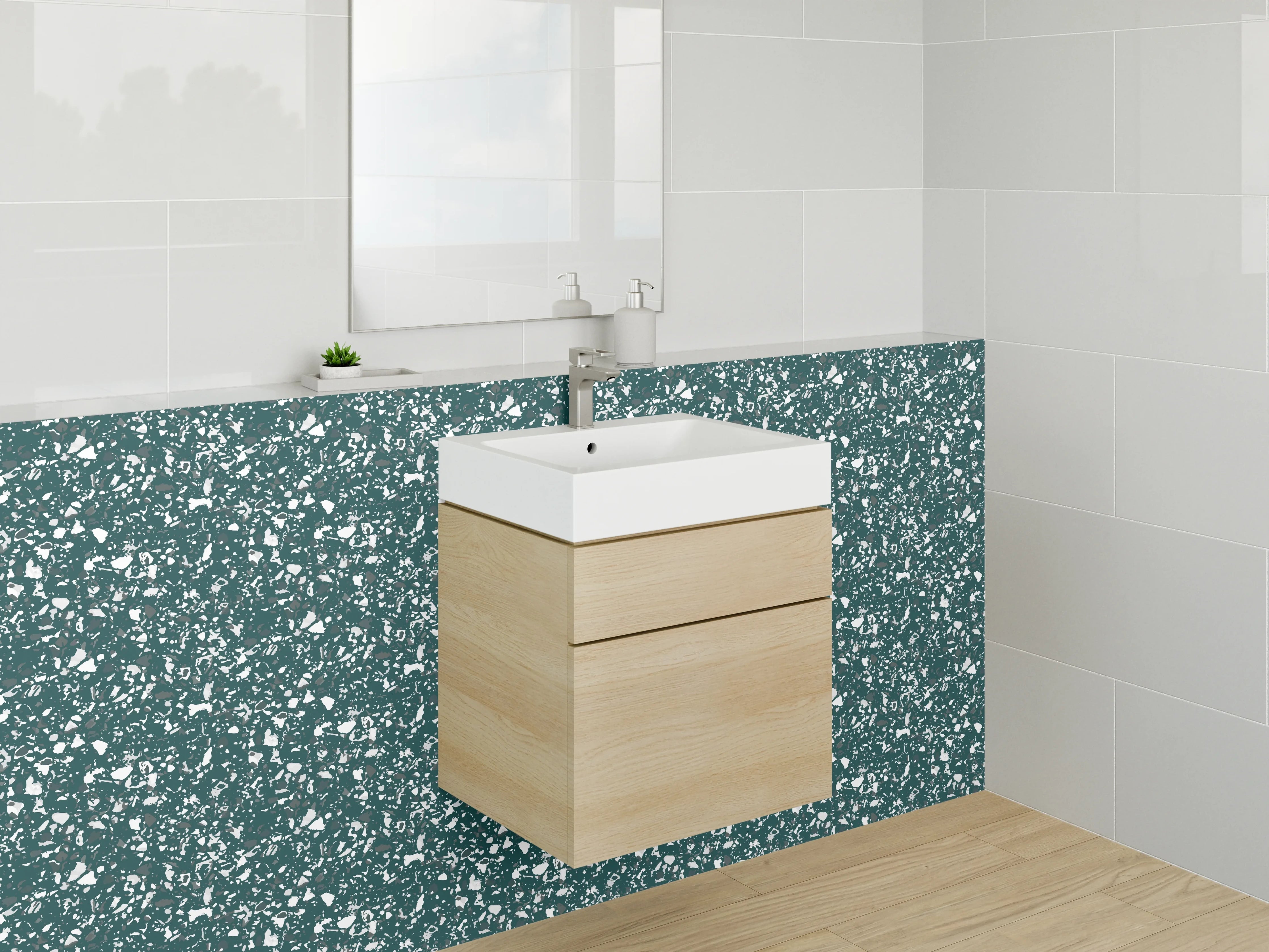 Waschbecken-Rückwand - Grün-Graue Blüten auf Weiß
