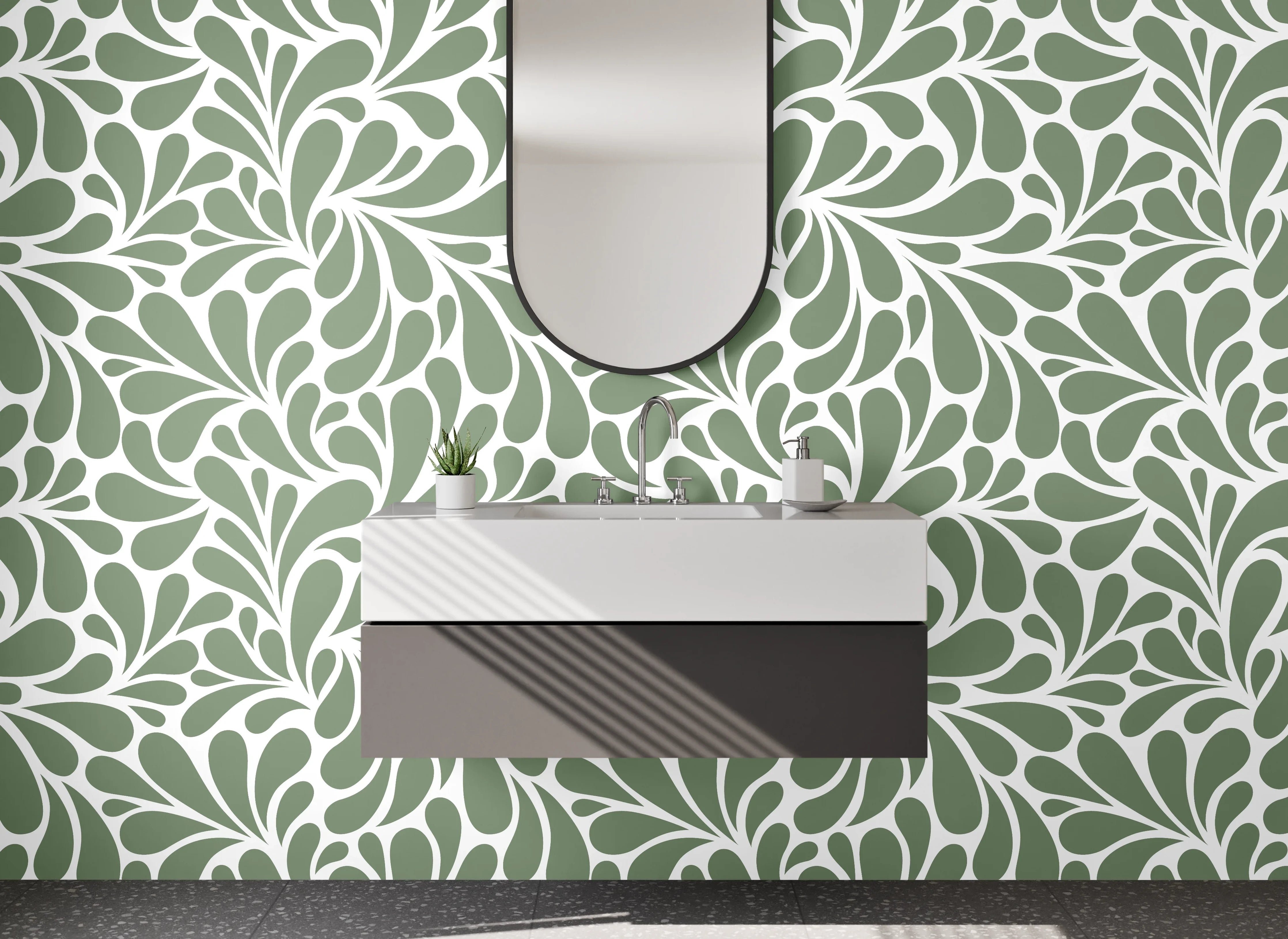Waschbecken-Rückwand - Grün-Graues Blumenornament auf Weiß
