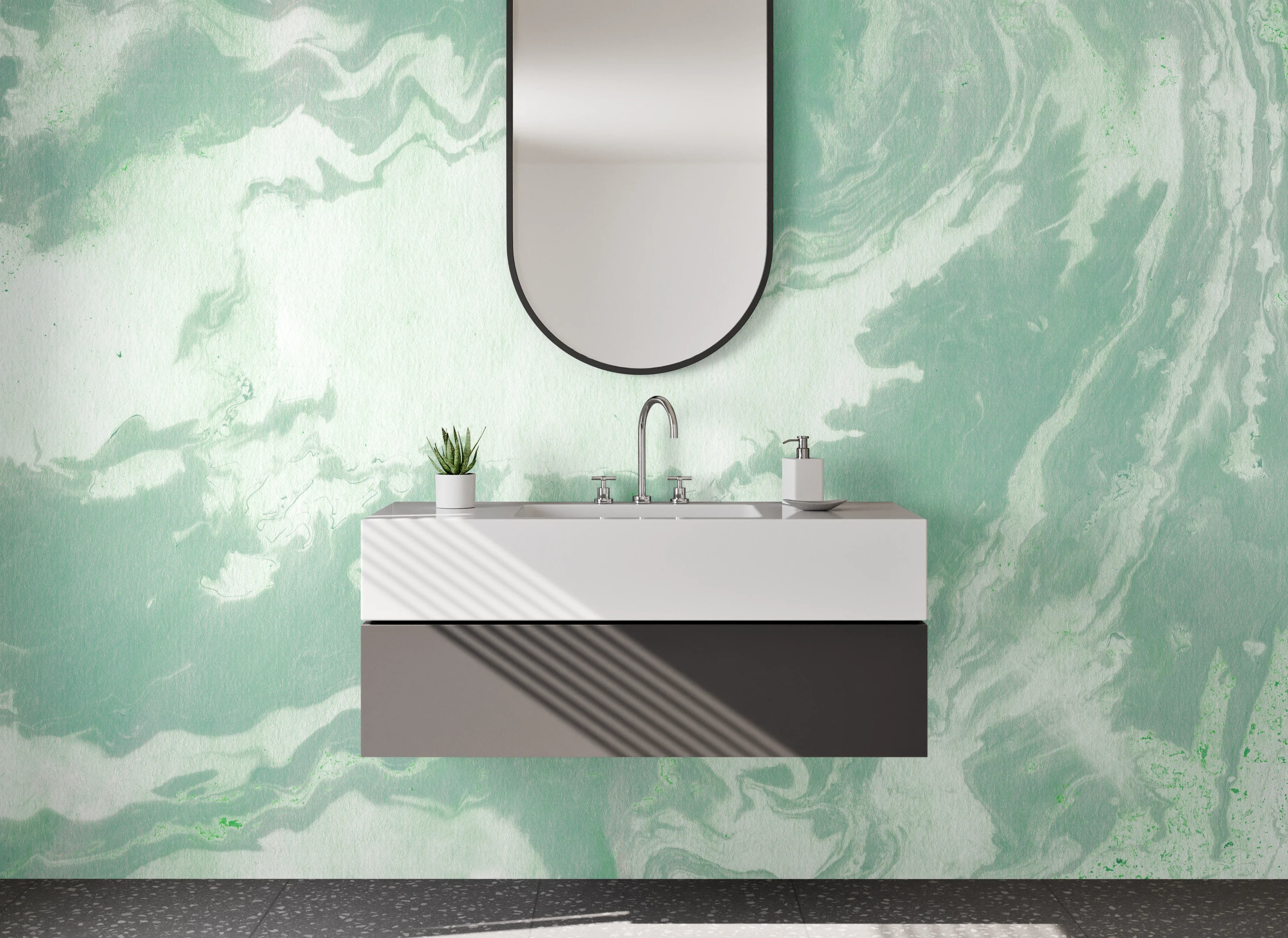 Waschbecken-Rückwand - Grün-weißer Marmor Look modern