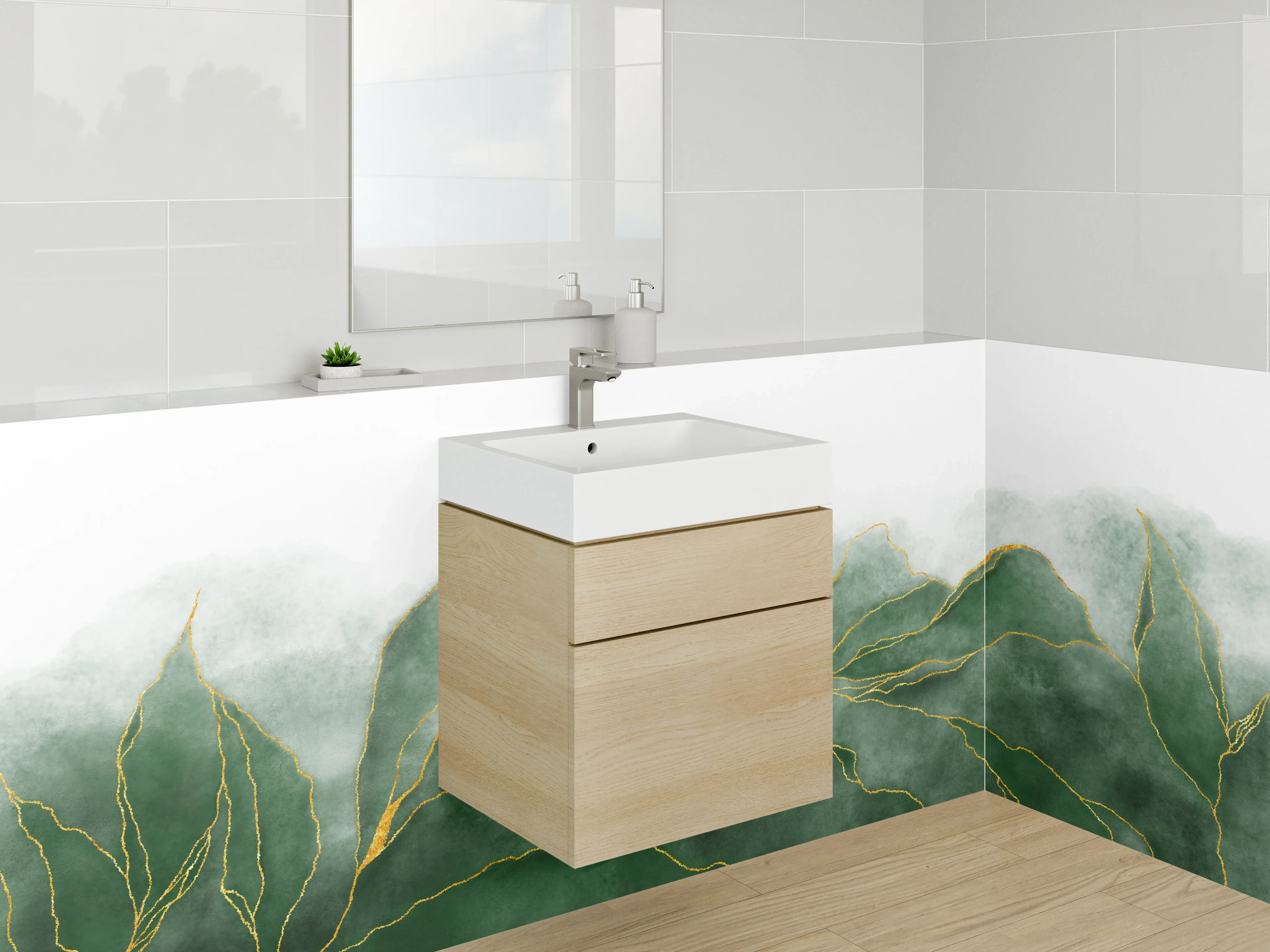 Waschbecken-Rückwand - Grüne Aquarell-Blätter mit Goldlinien