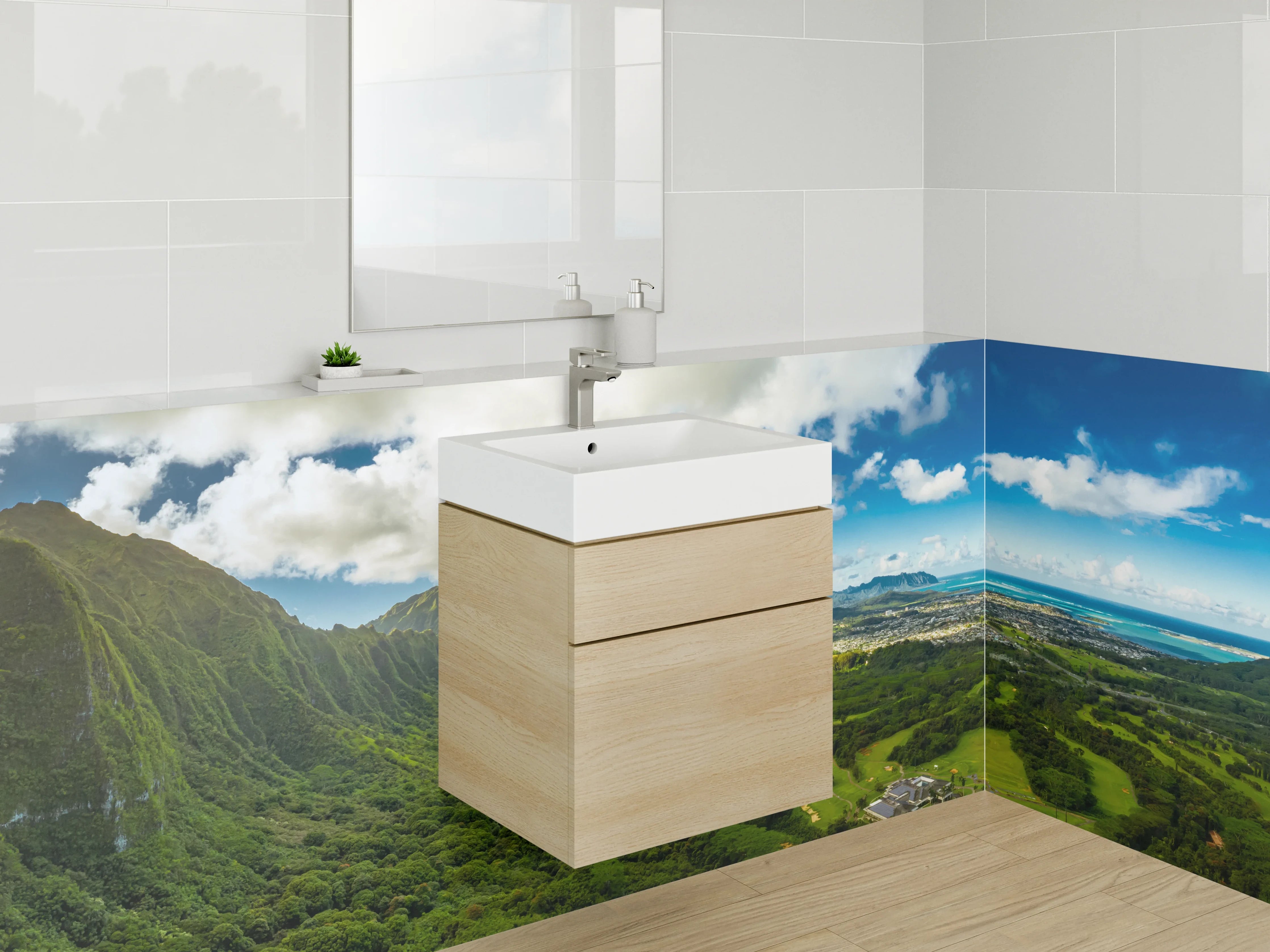 Waschbecken-Rückwand - Grüne Berglandschaft bei Sonnenschein