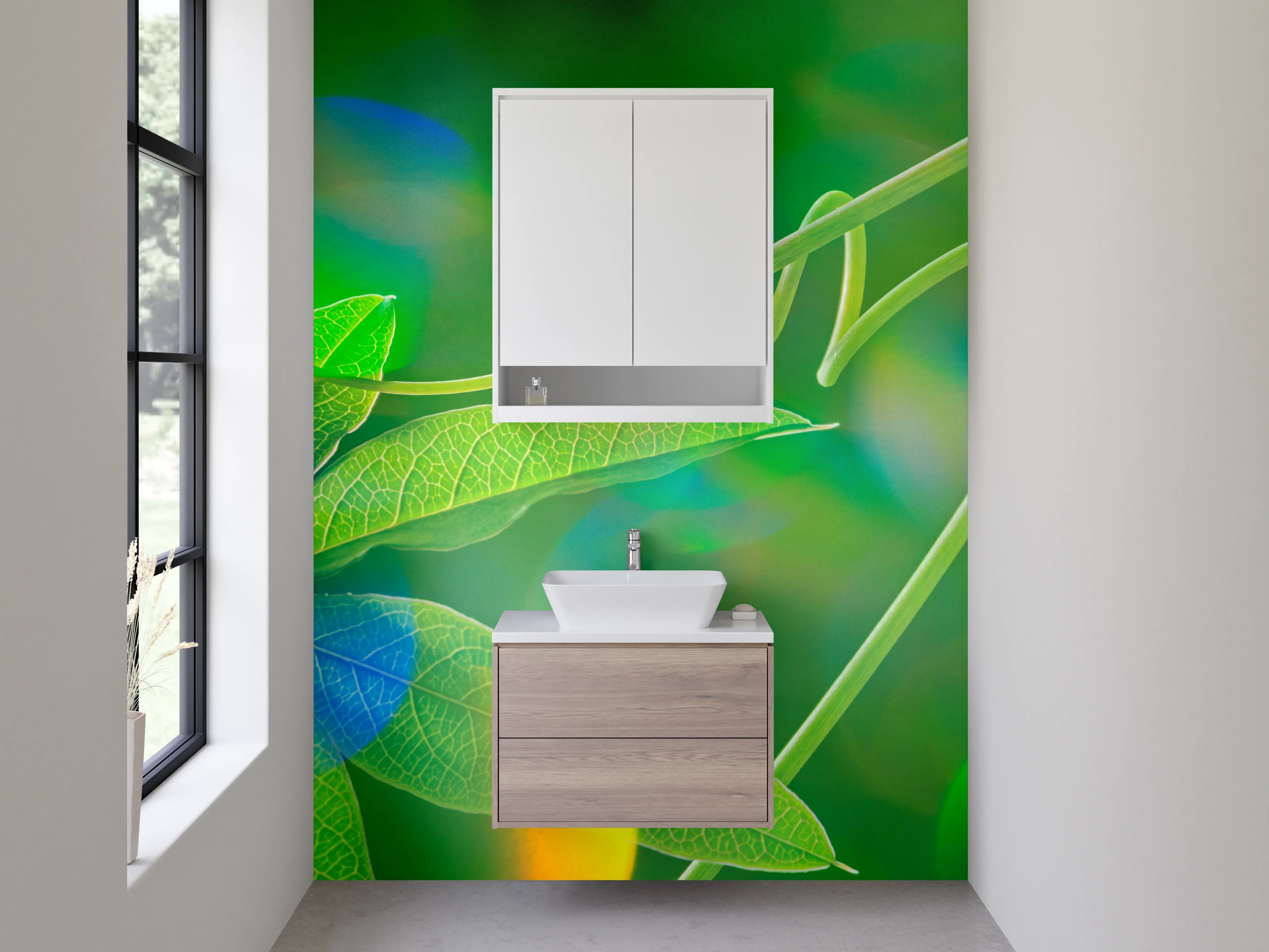 Waschbecken-Rückwand - Grüne Ranke mit Lichtreflexen