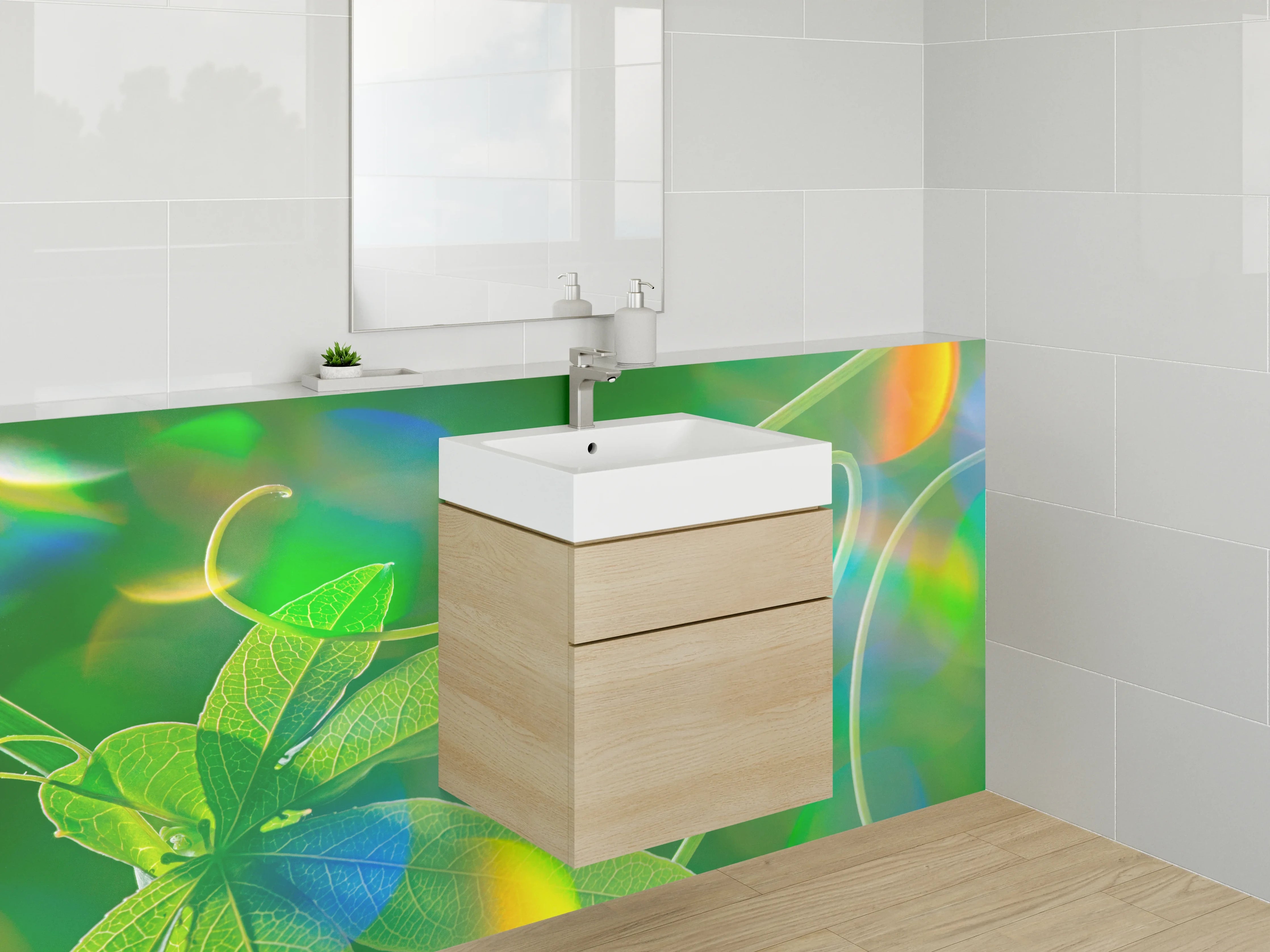 Waschbecken-Rückwand - Grüne Ranke mit Lichtreflexen