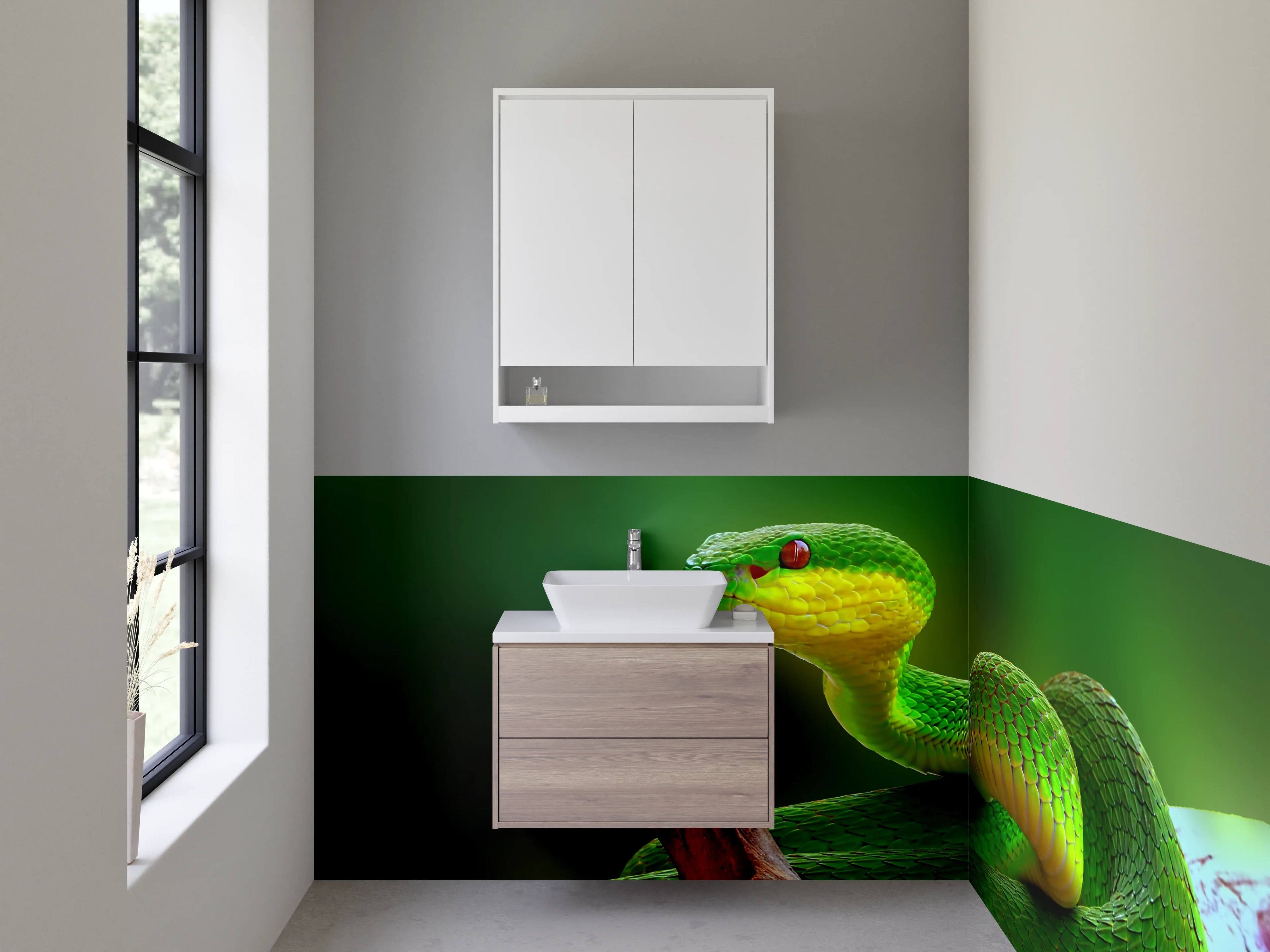Waschbecken-Rückwand - Grüne Schlange auf Ast – Naturmotiv