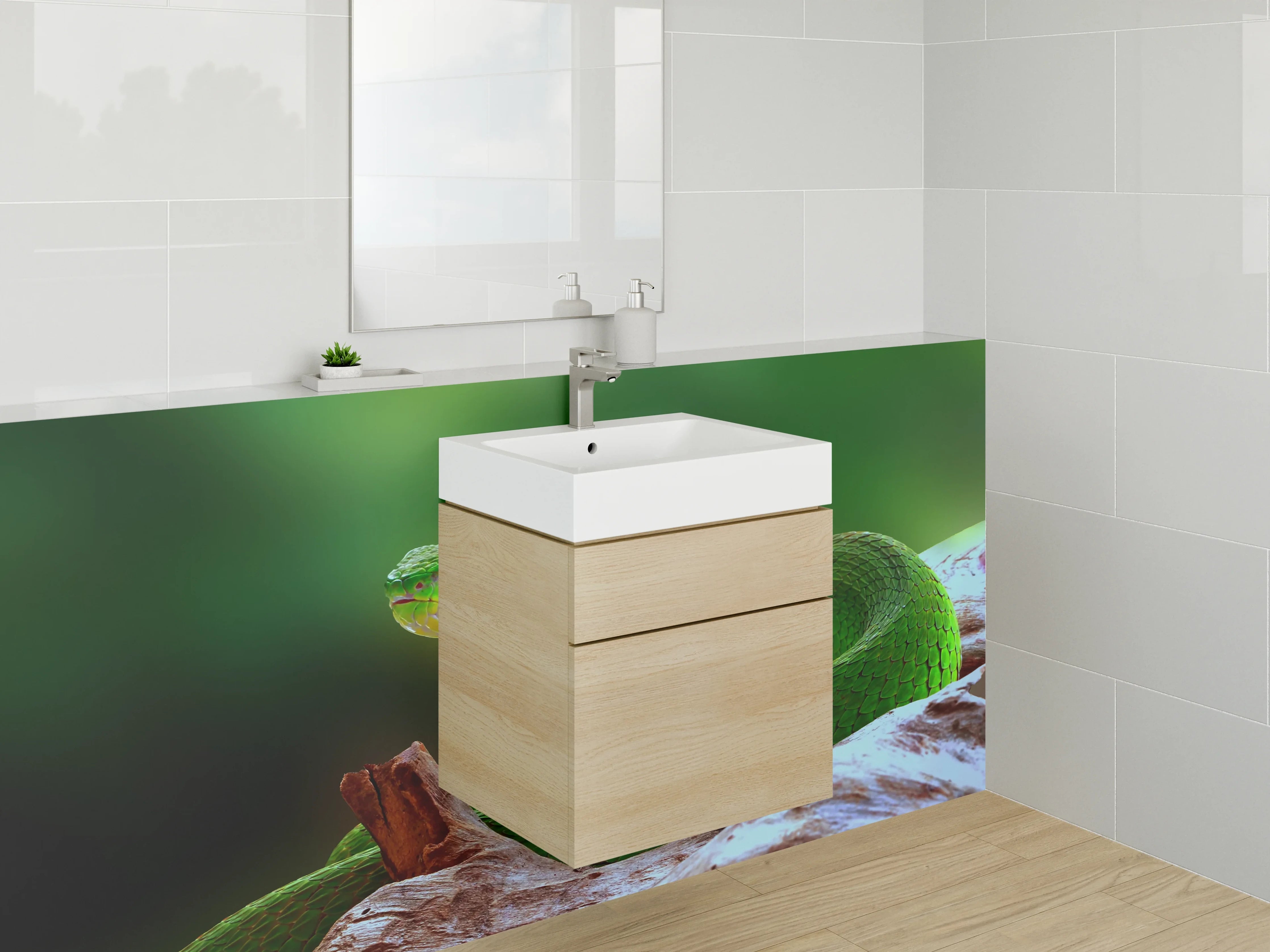 Waschbecken-Rückwand - Grüne Schlange auf Ast – Naturmotiv