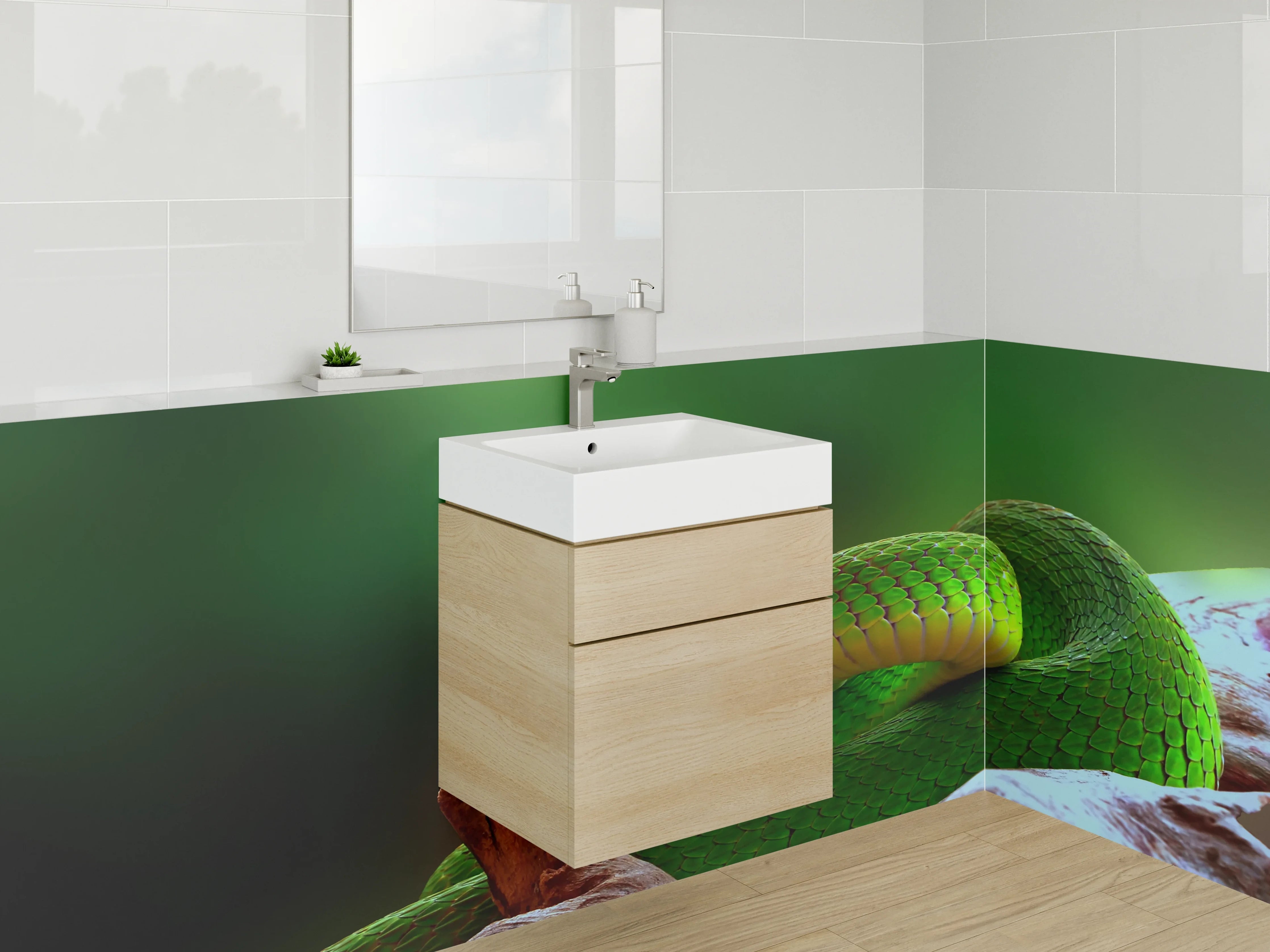 Waschbecken-Rückwand - Grüne Schlange auf Ast – Naturmotiv