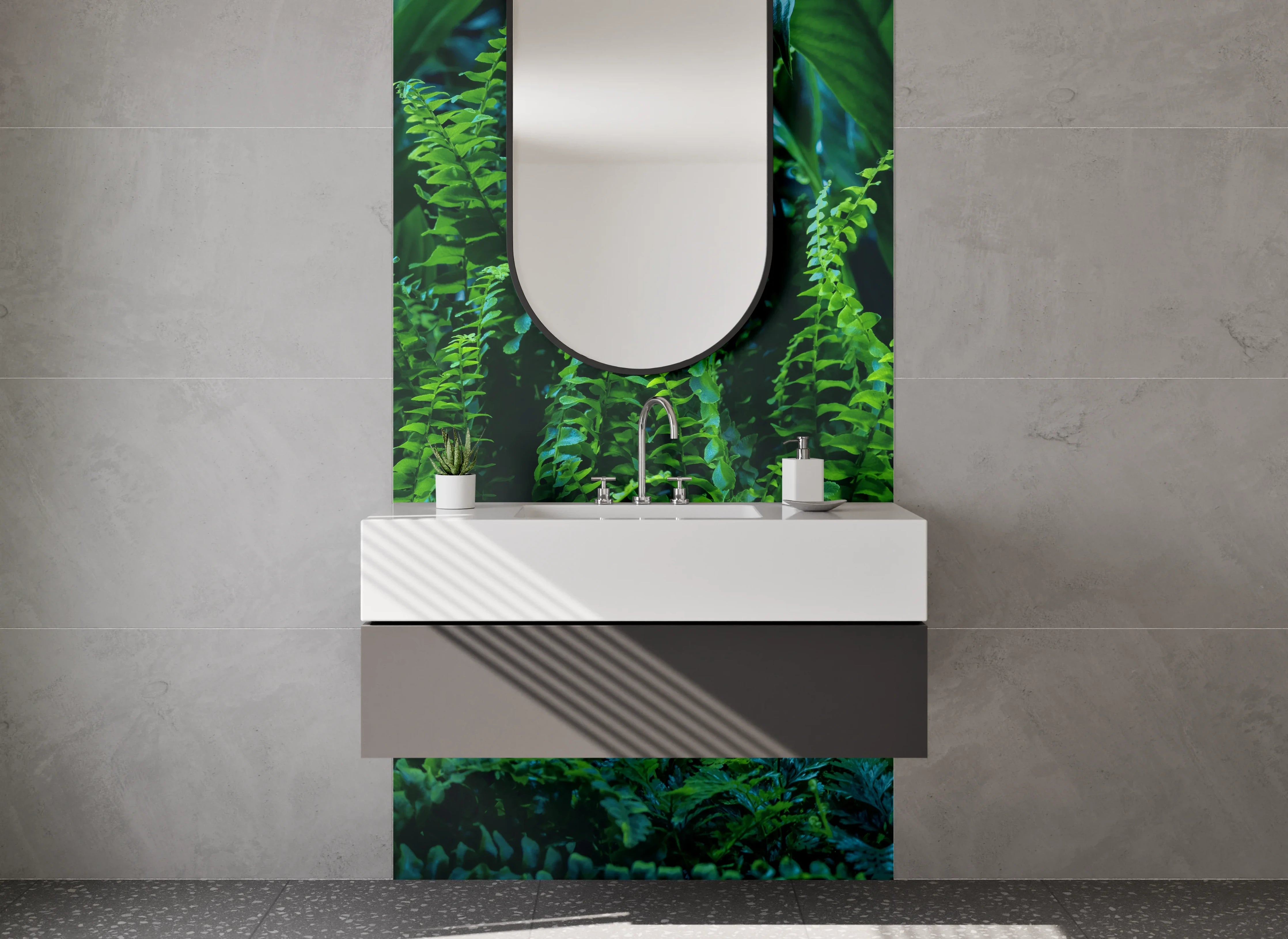 Waschbecken-Rückwand - Grünes Dschungel-Feeling mit üppiger Pflanzenvielfalt