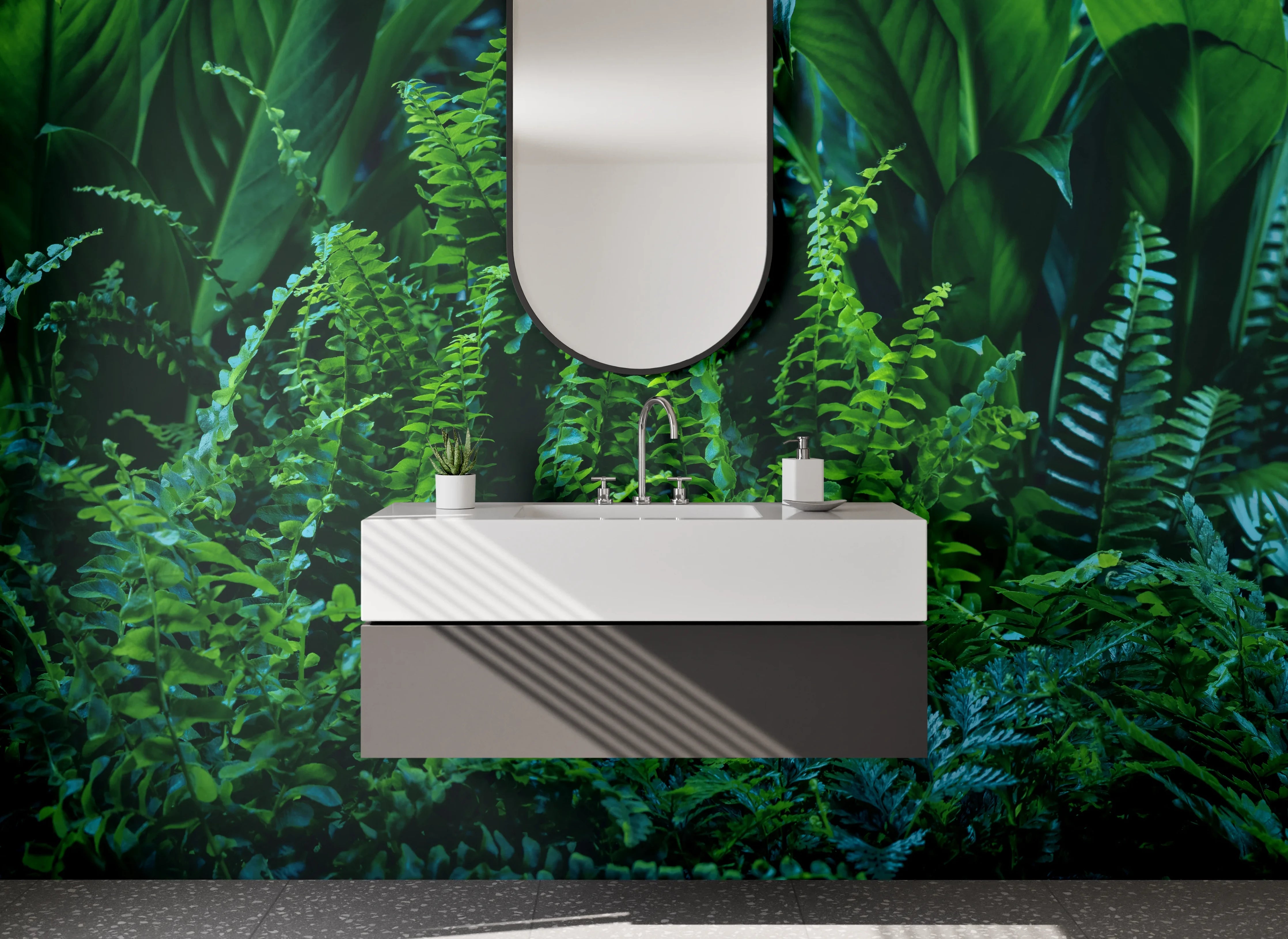 Waschbecken-Rückwand - Grünes Dschungel-Feeling mit üppiger Pflanzenvielfalt