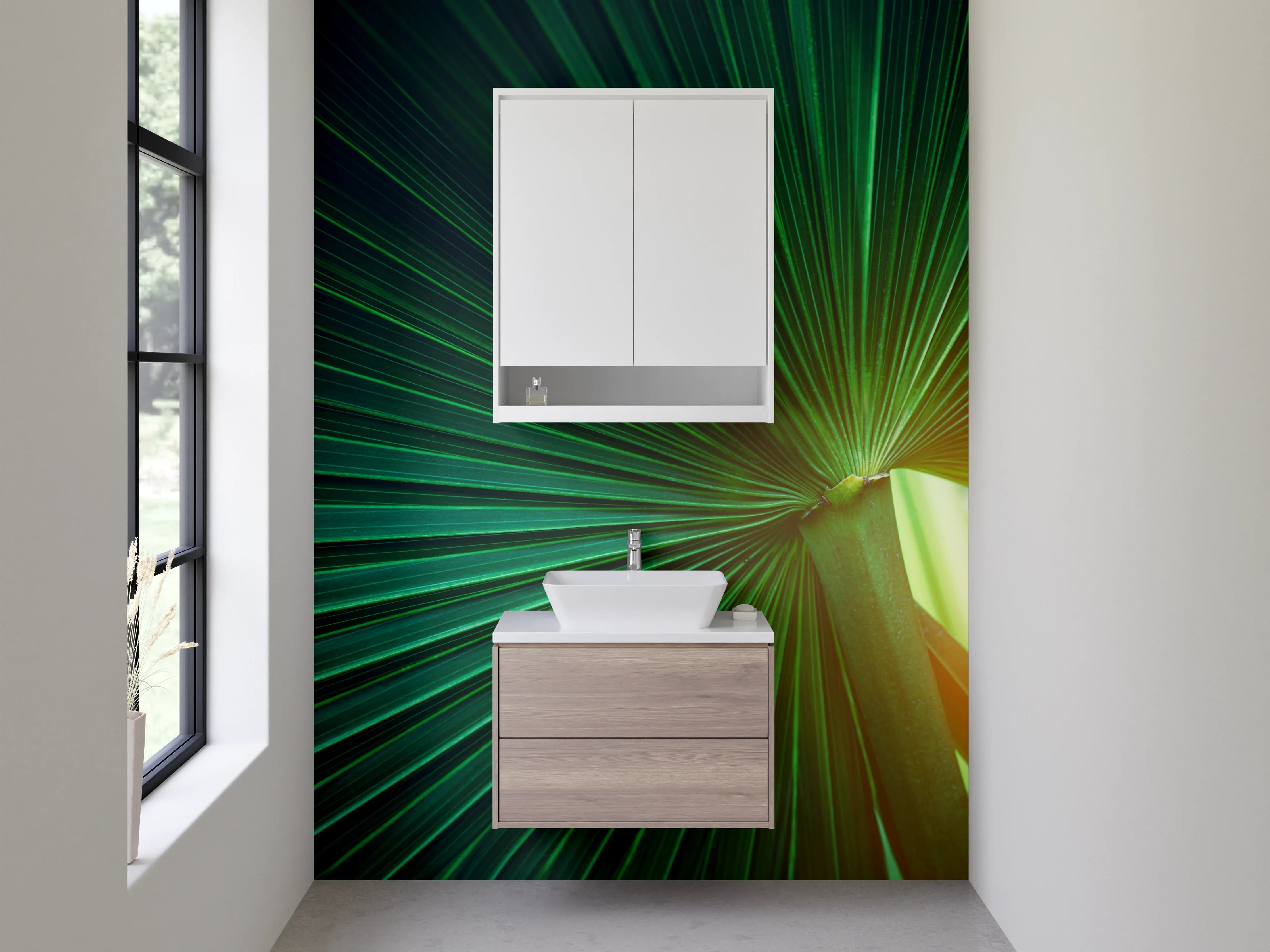 Waschbecken-Rückwand - Grünes Palmenblatt Makro Leuchtkraft