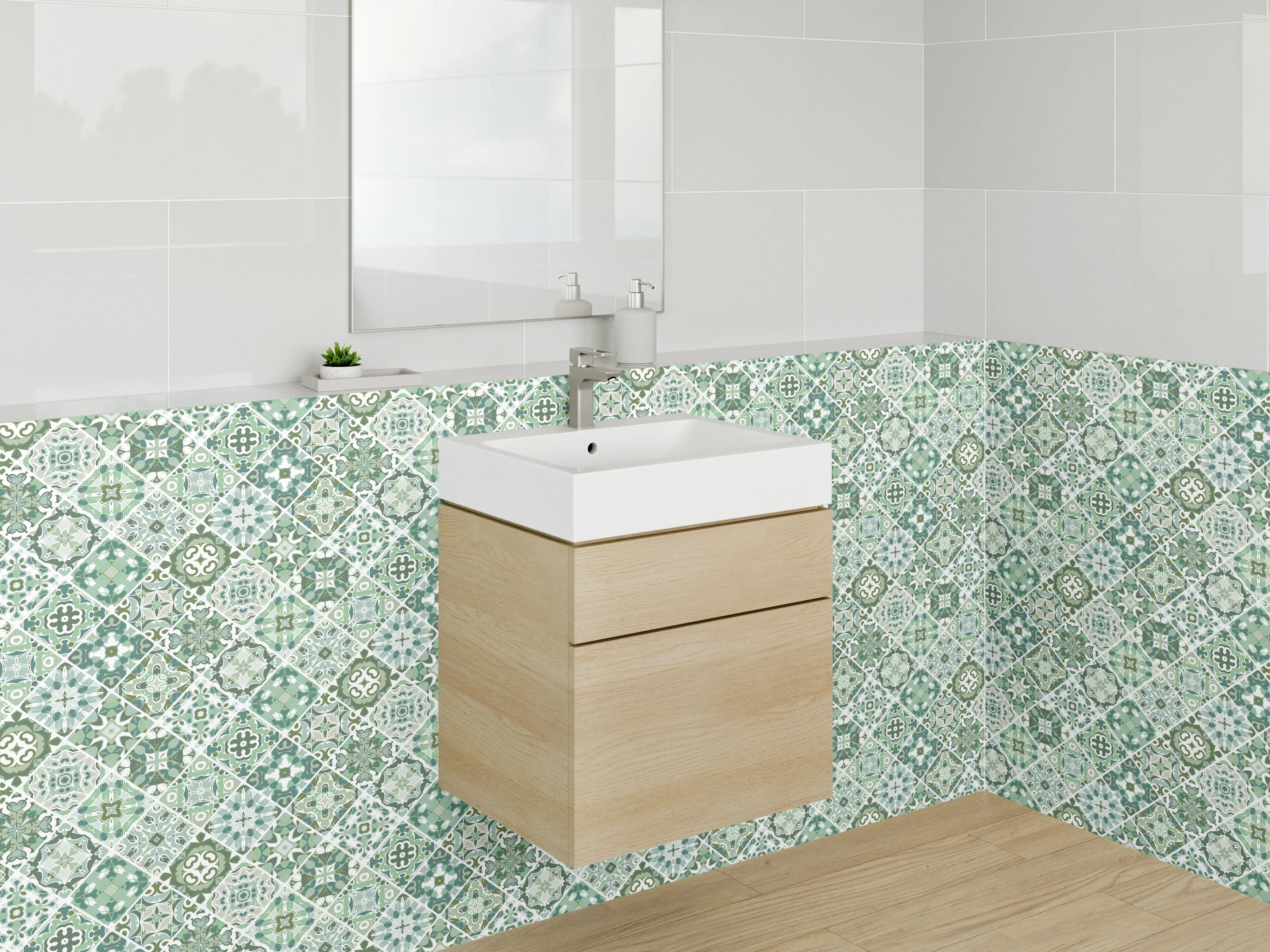 Waschbecken-Rückwand - Grünes Vintage-Mosaik-Muster Fliesenoptik