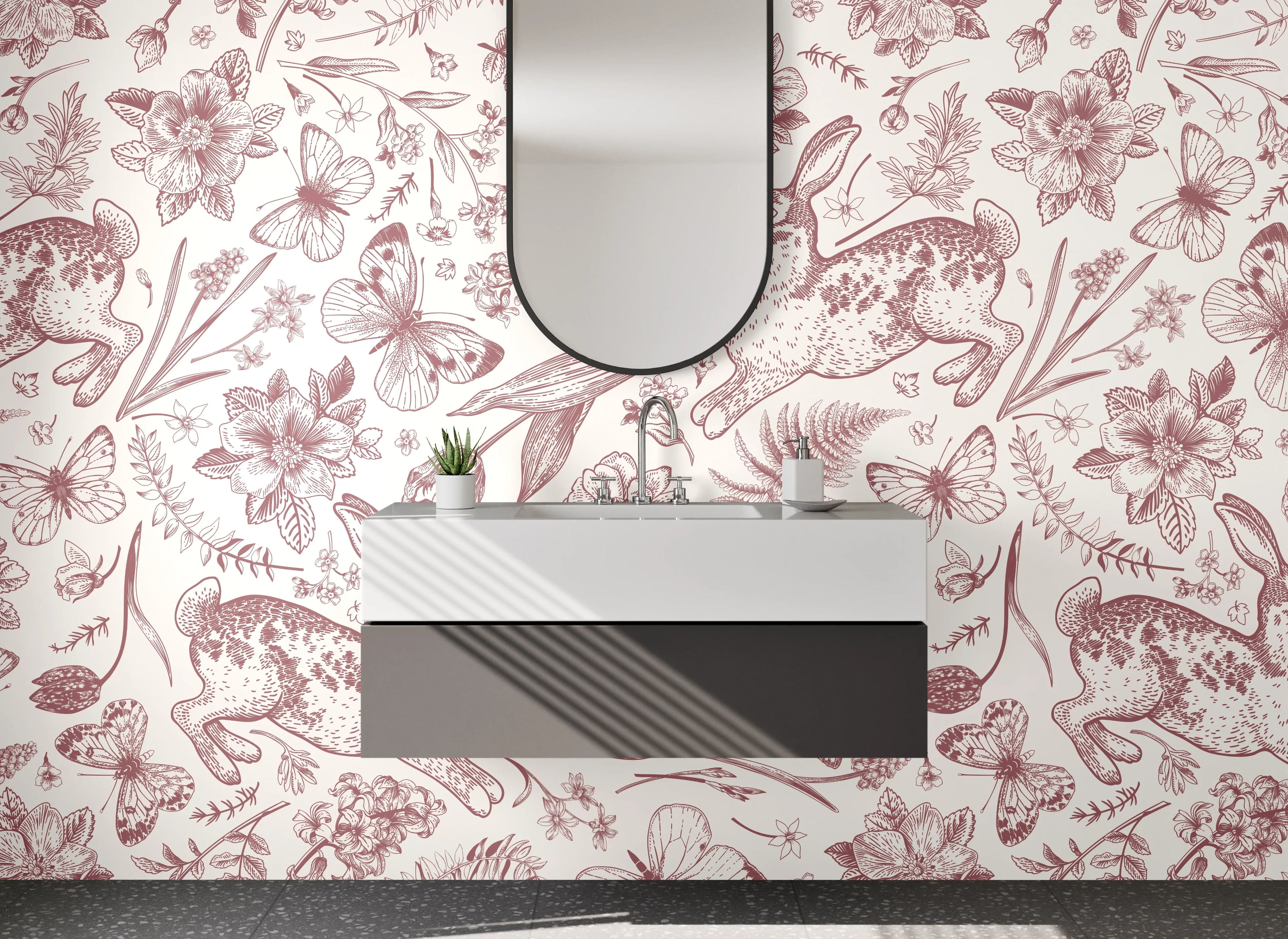 Waschbecken-Rückwand - Hasen und Blumen Muster Illustration