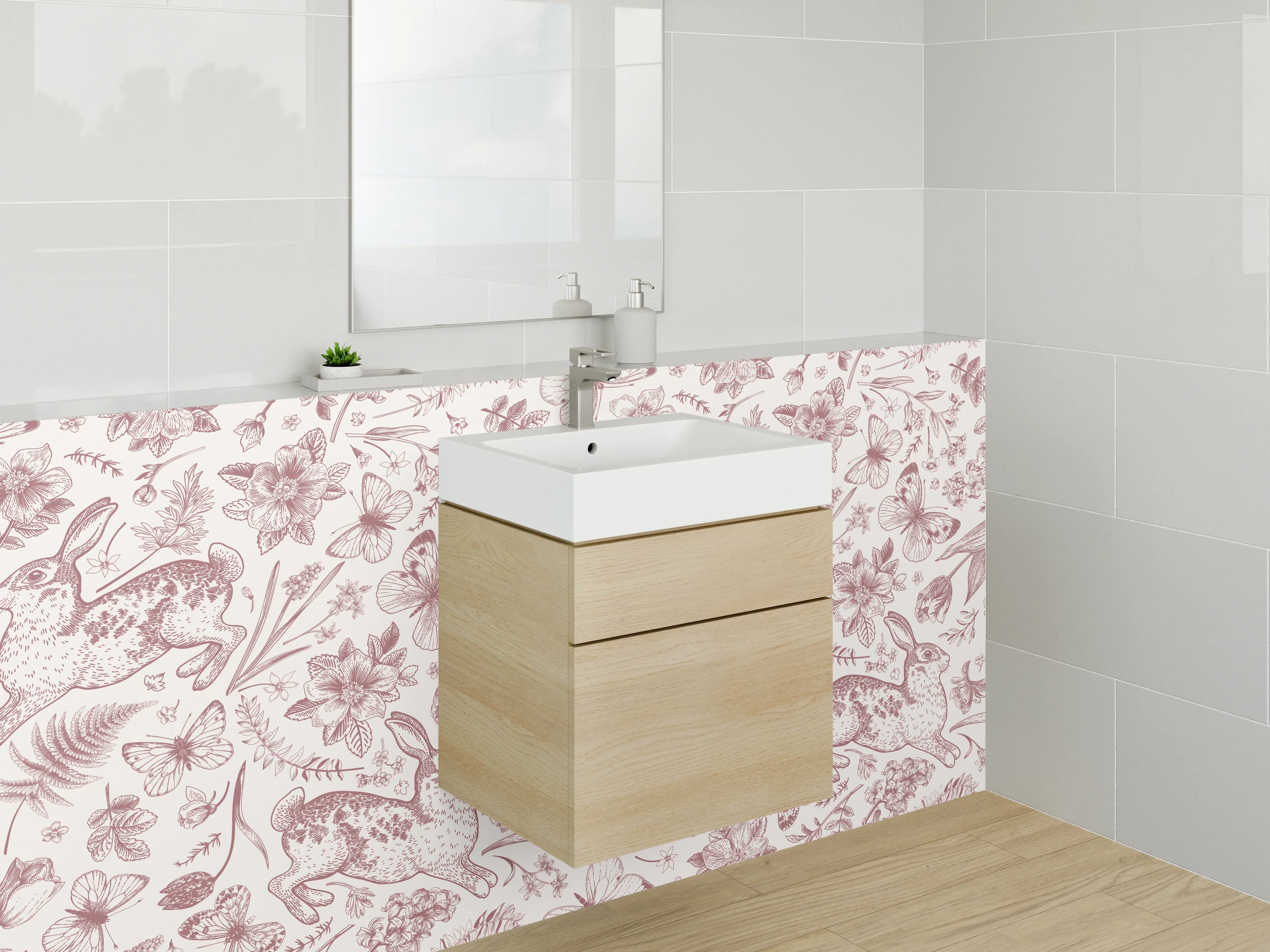 Waschbecken-Rückwand - Hasen und Blumen Muster Illustration