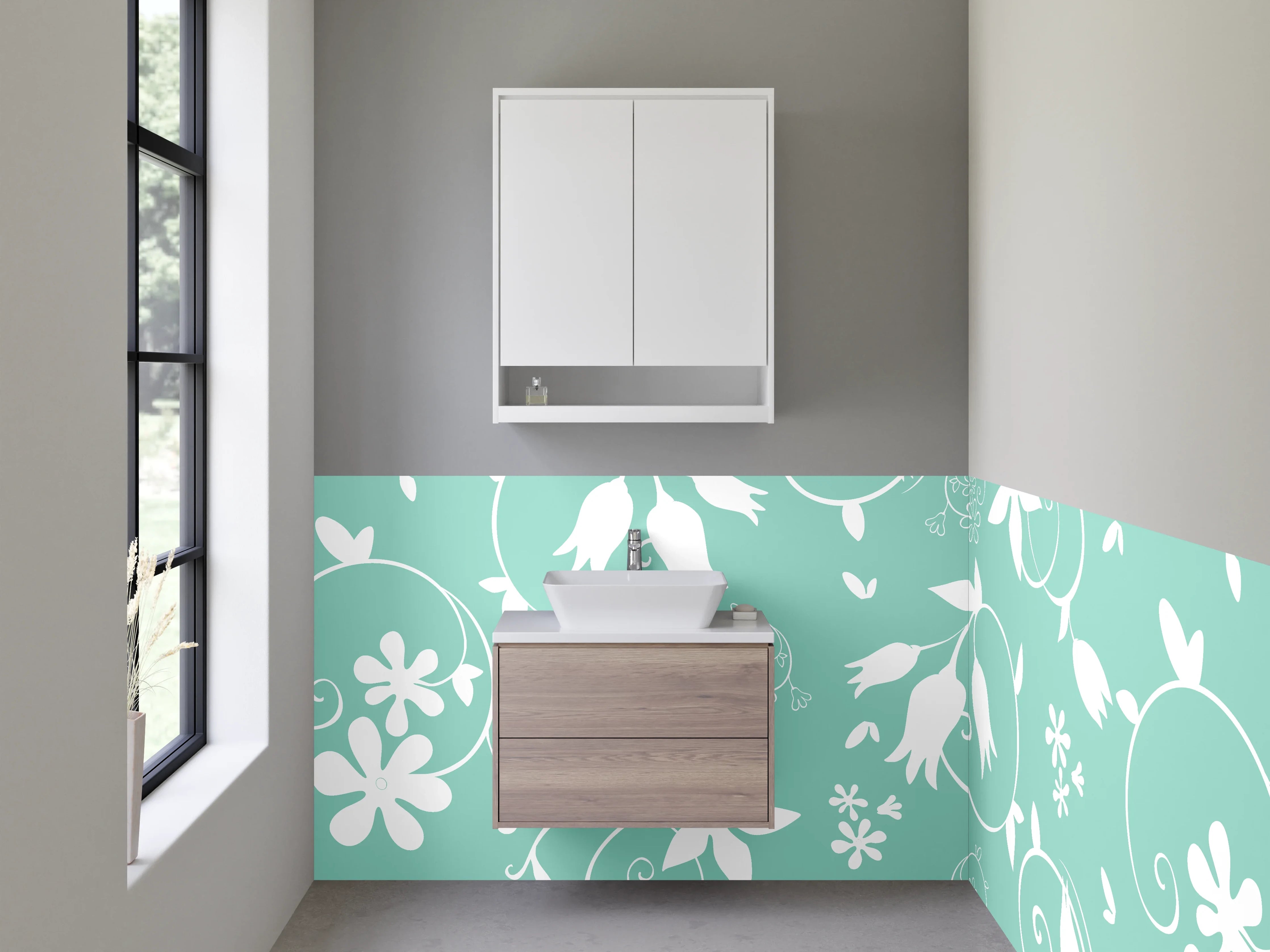 Waschbecken-Rückwand - Hellblaue Blumenmuster-Wandgestaltung