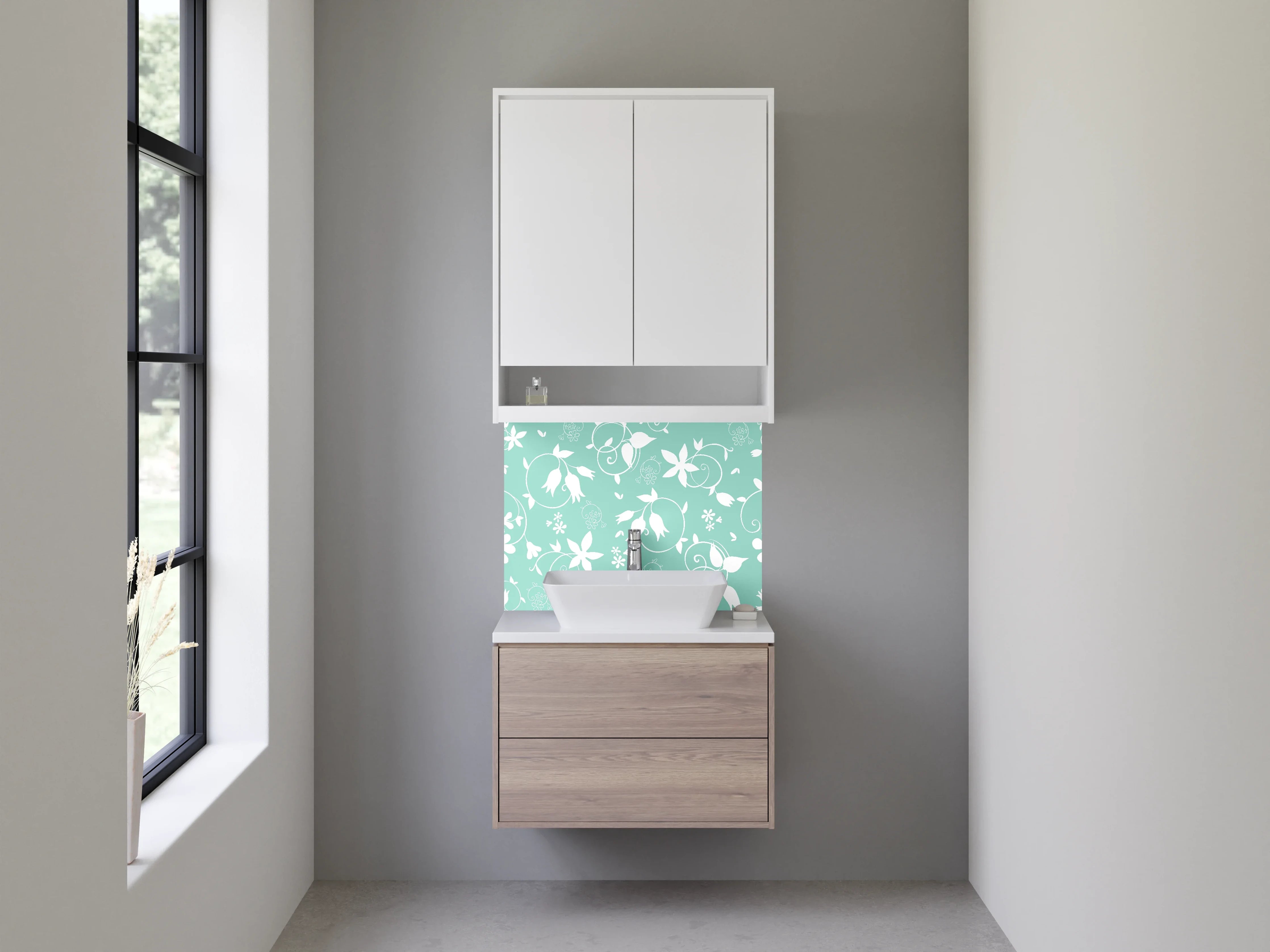 Waschbecken-Rückwand - Hellblaue Blumenmuster-Wandgestaltung