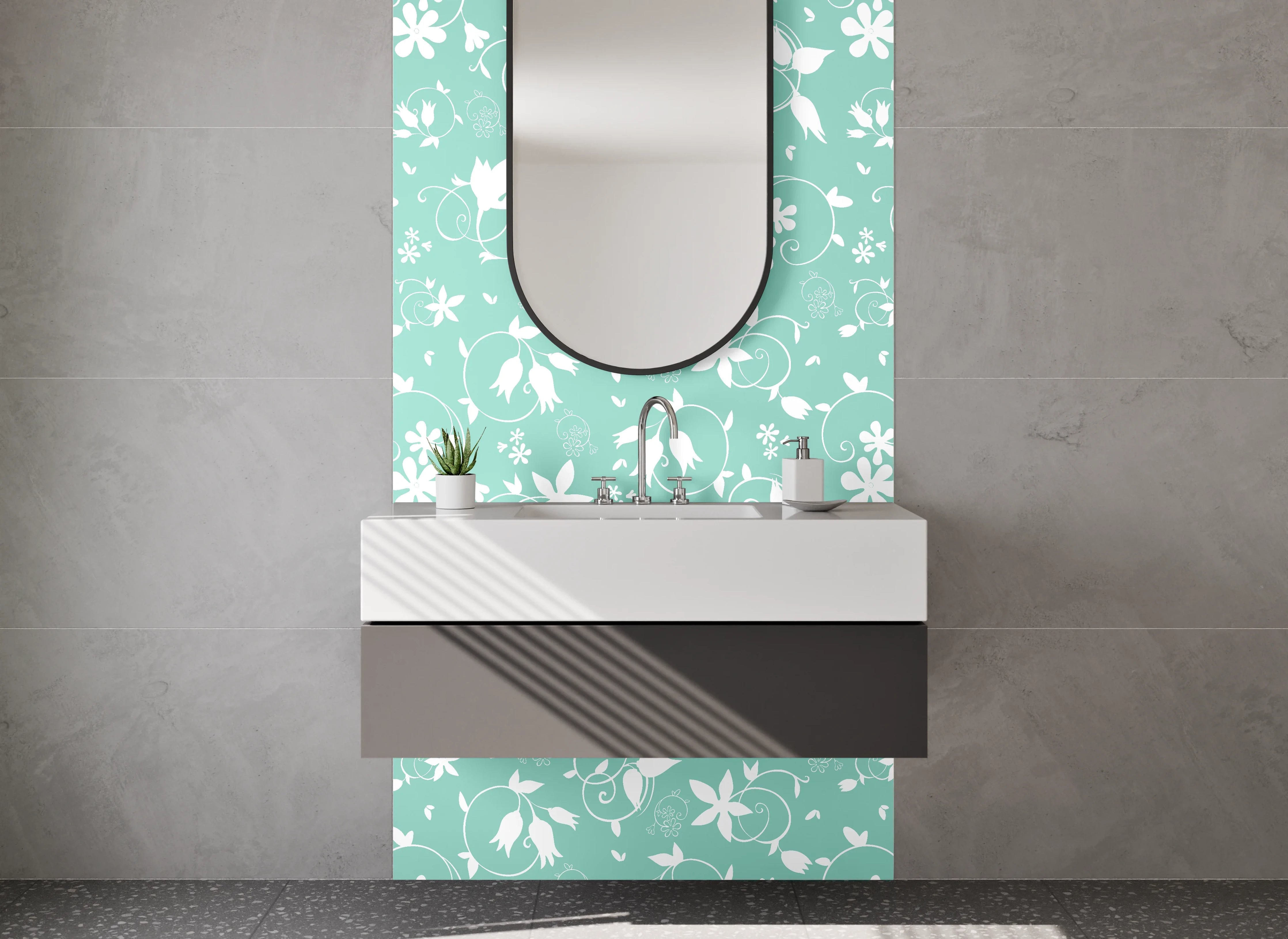 Waschbecken-Rückwand - Hellblaue Blumenmuster-Wandgestaltung