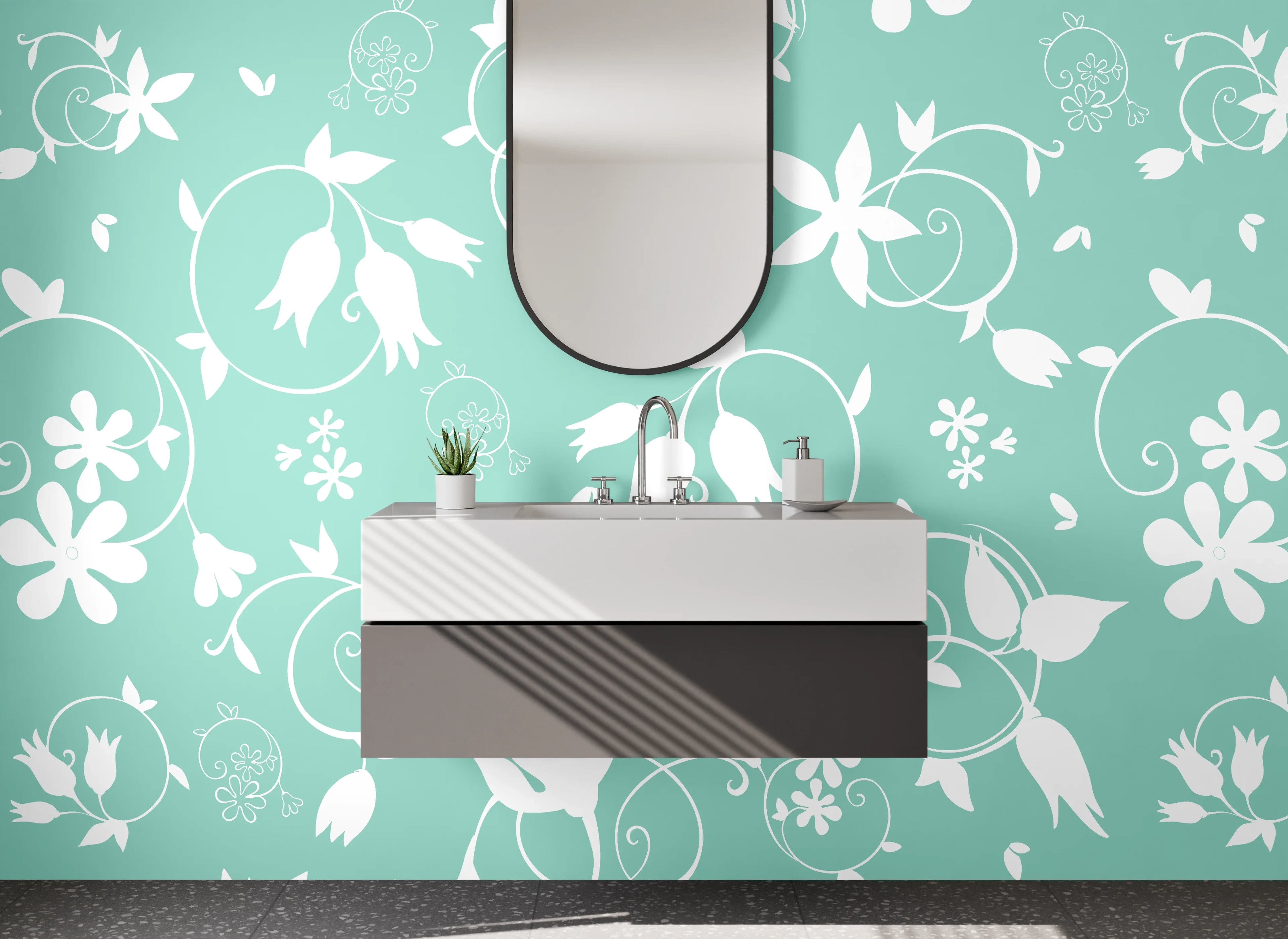 Waschbecken-Rückwand - Hellblaue Blumenmuster-Wandgestaltung