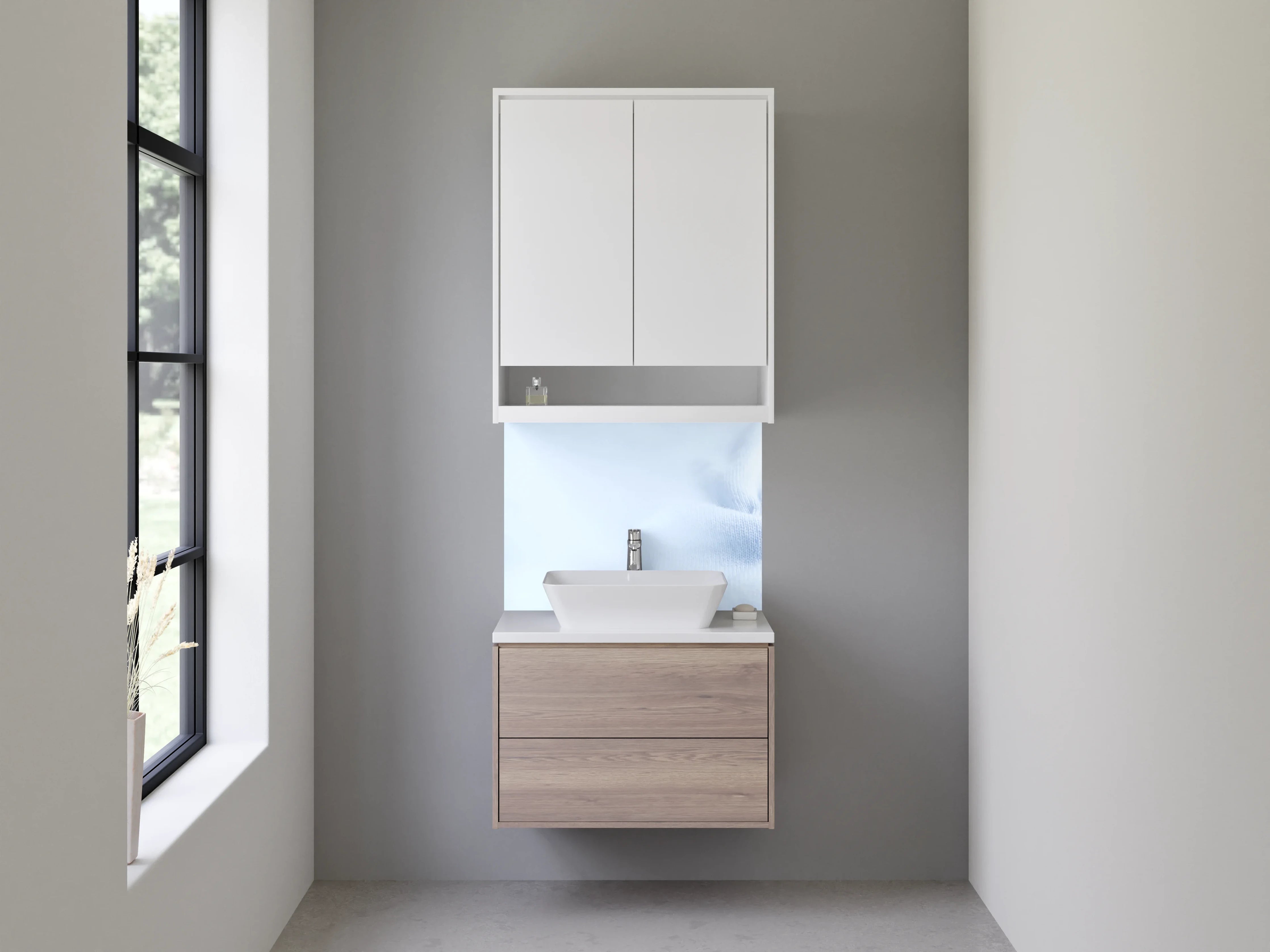 Waschbecken-Rückwand - Hellblaue Textilstruktur – moderne Optik