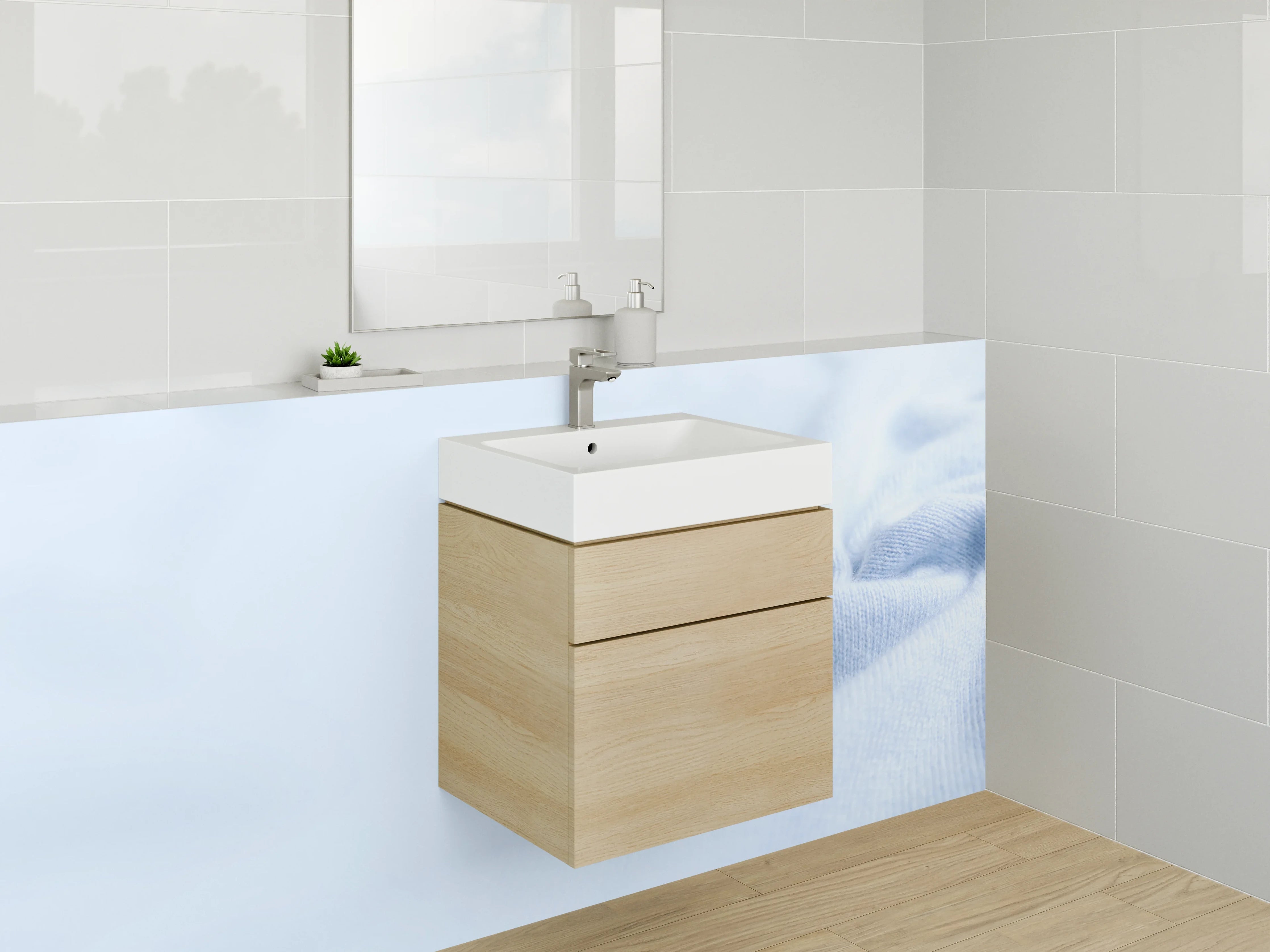 Waschbecken-Rückwand - Hellblaue Textilstruktur – moderne Optik