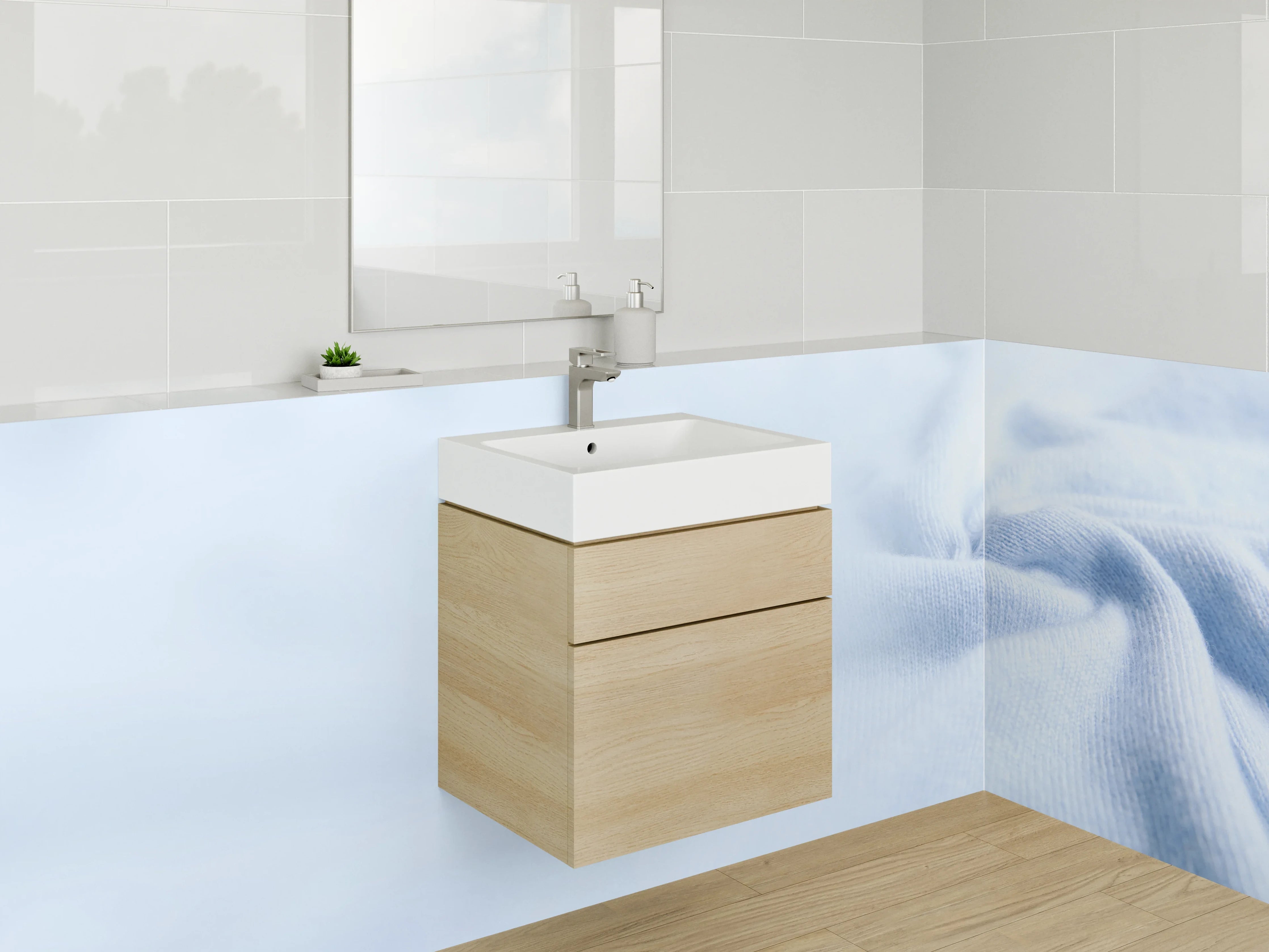 Waschbecken-Rückwand - Hellblaue Textilstruktur – moderne Optik