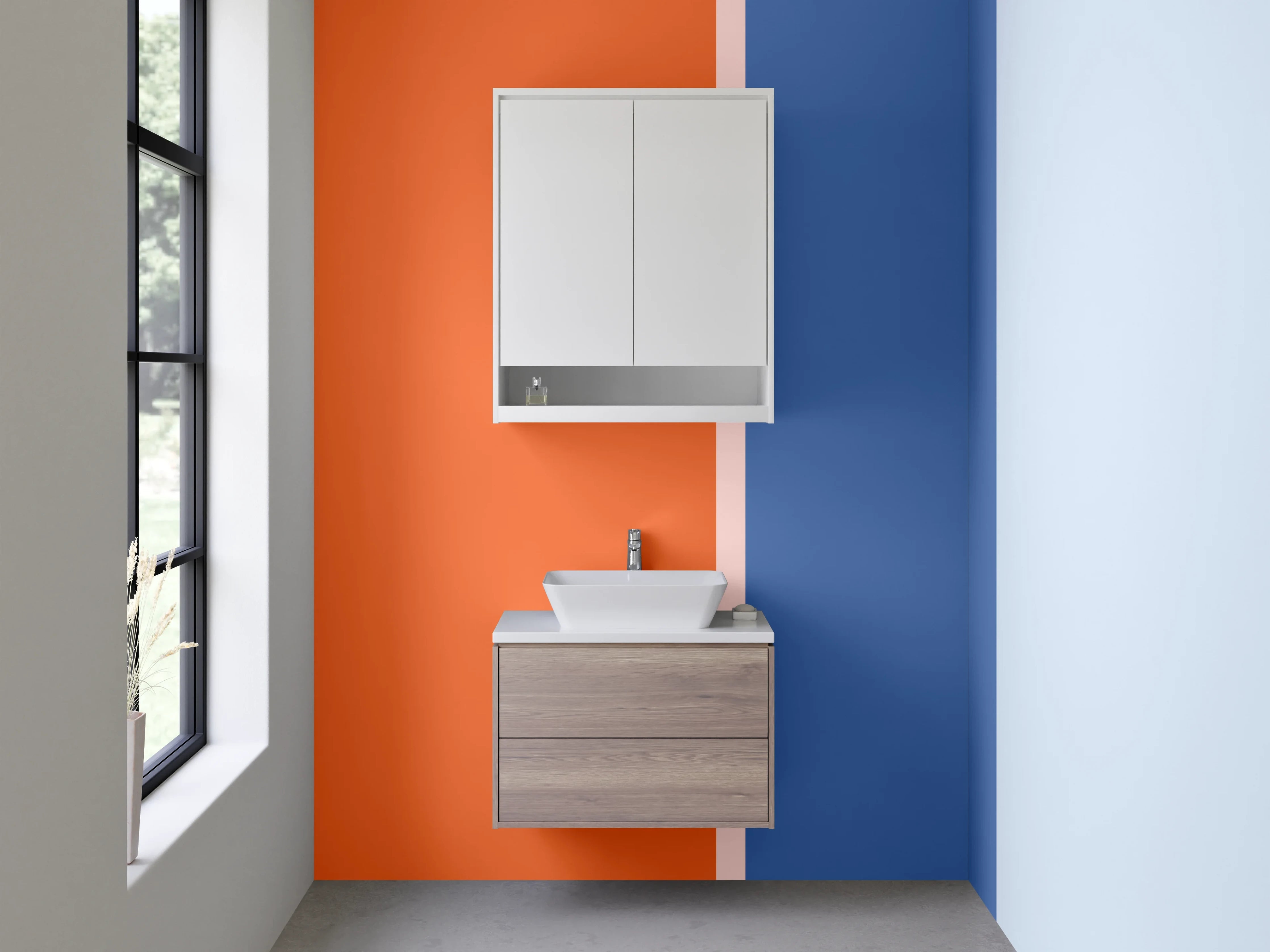 Waschbecken-Rückwand - Hellblaue und orangefarbene geometrische Wandgestaltung