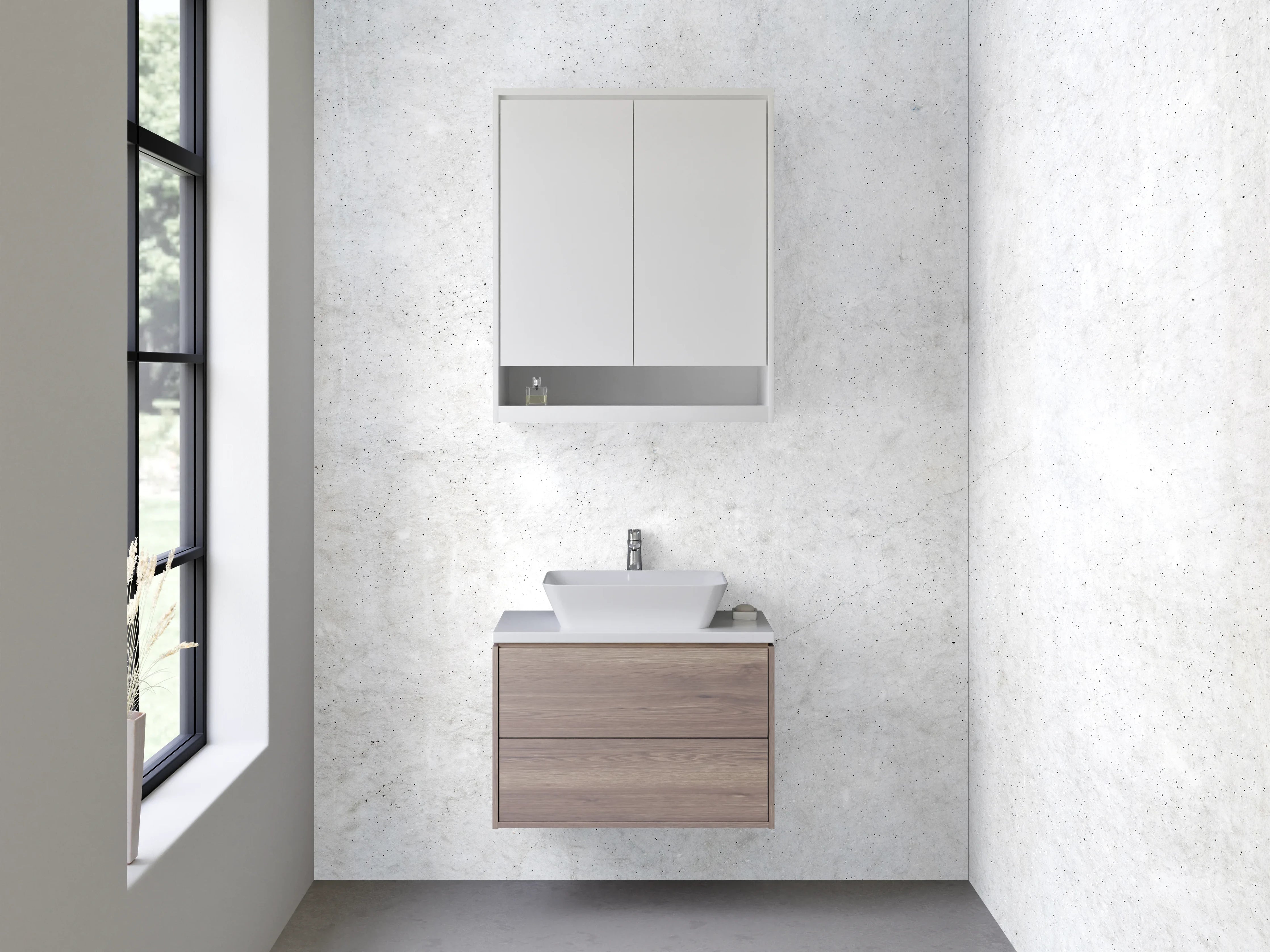 Waschbecken-Rückwand - Helle Betonoptik mit Grau und Weiß