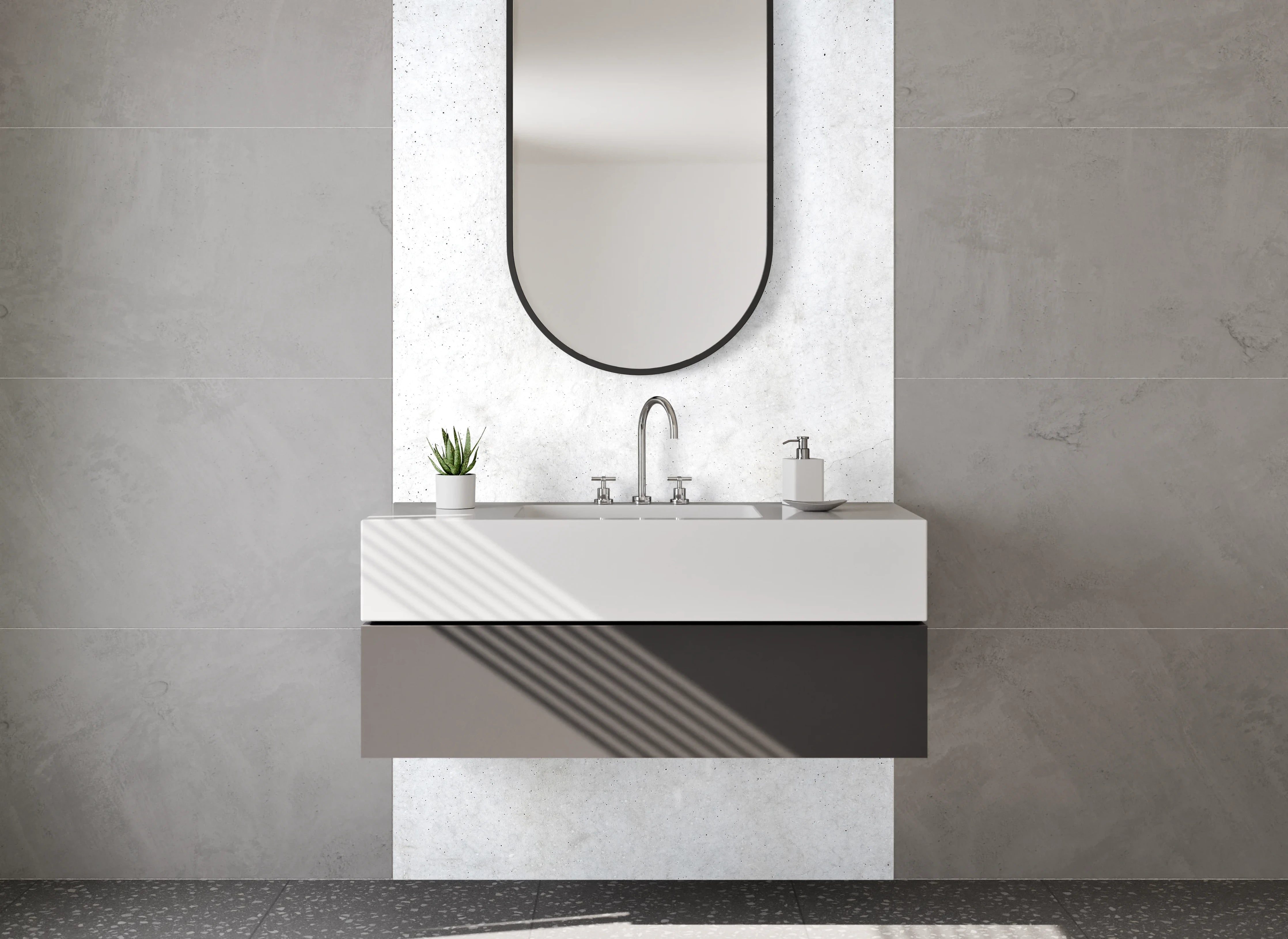 Waschbecken-Rückwand - Helle Betonoptik mit Grau und Weiß