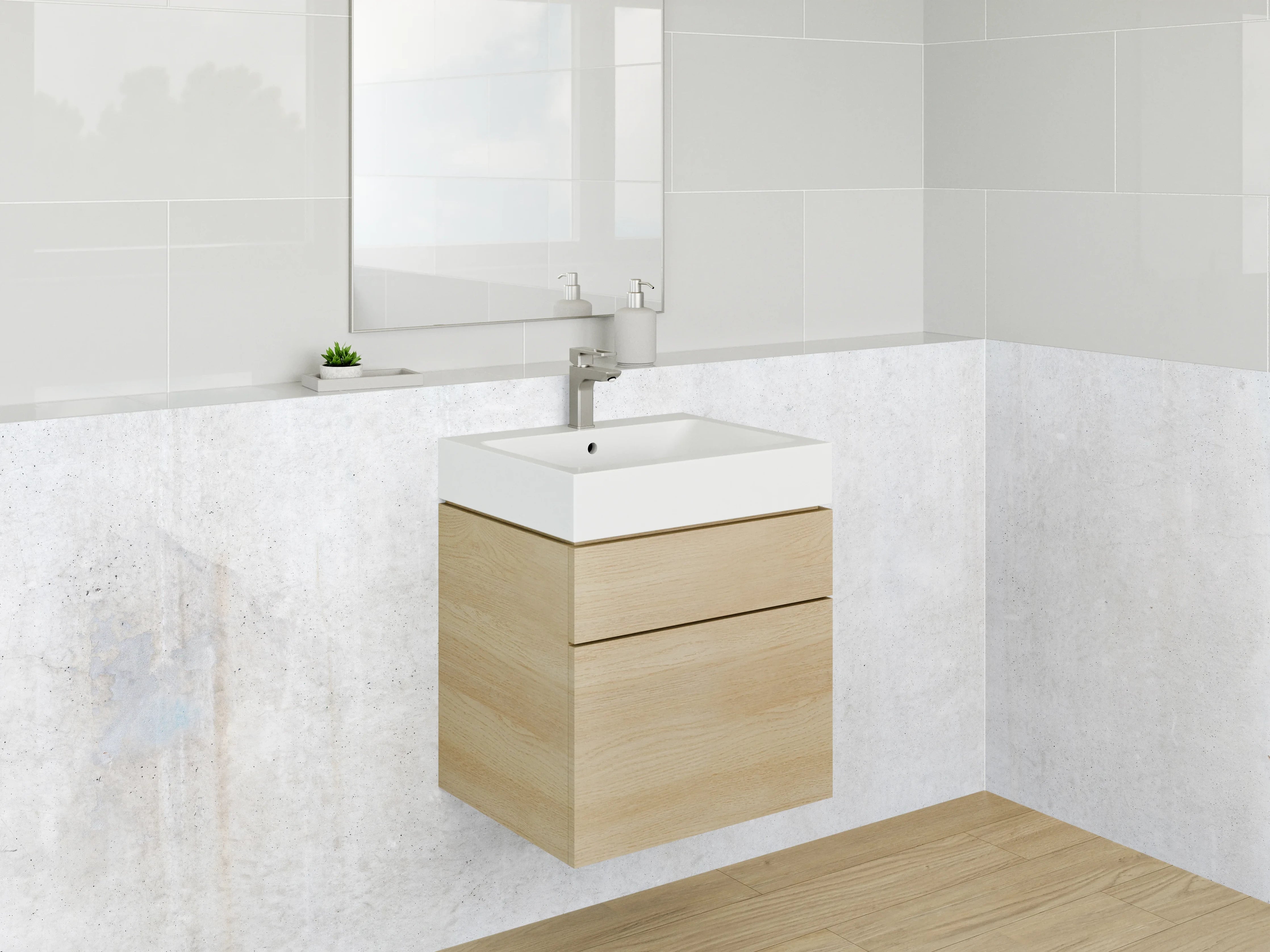 Waschbecken-Rückwand - Helle Betonoptik mit Grau und Weiß