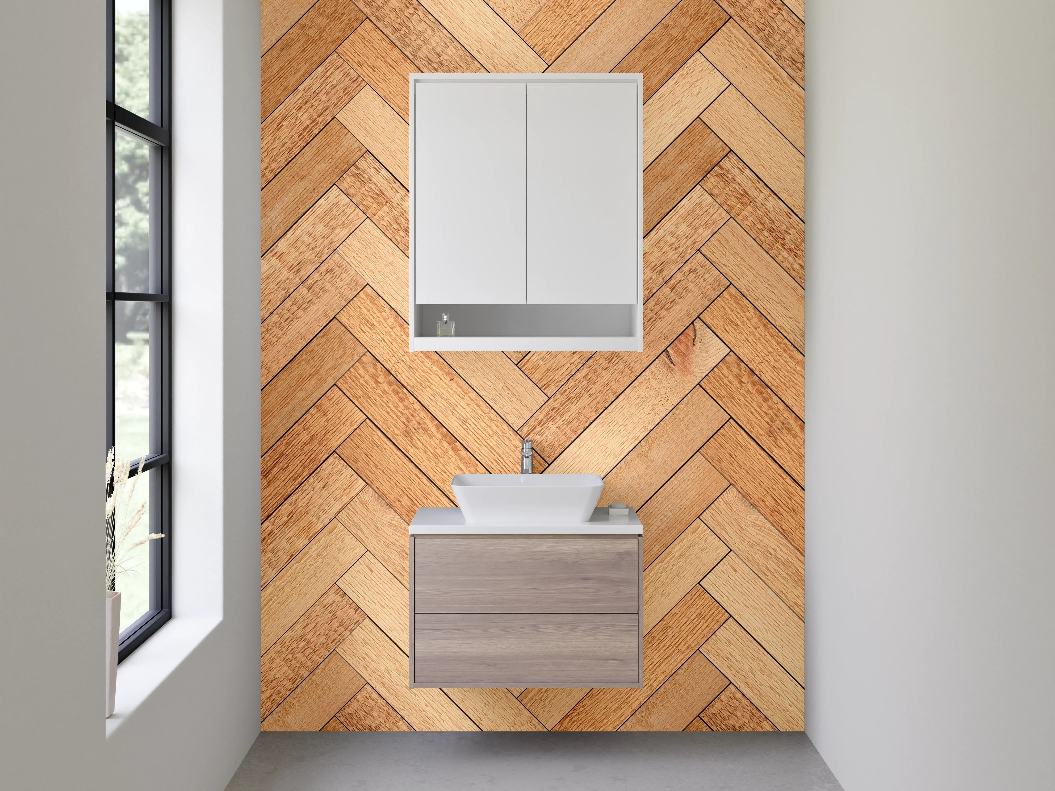 Waschbecken-Rückwand - Helle Holzfliese im Parkettmuster