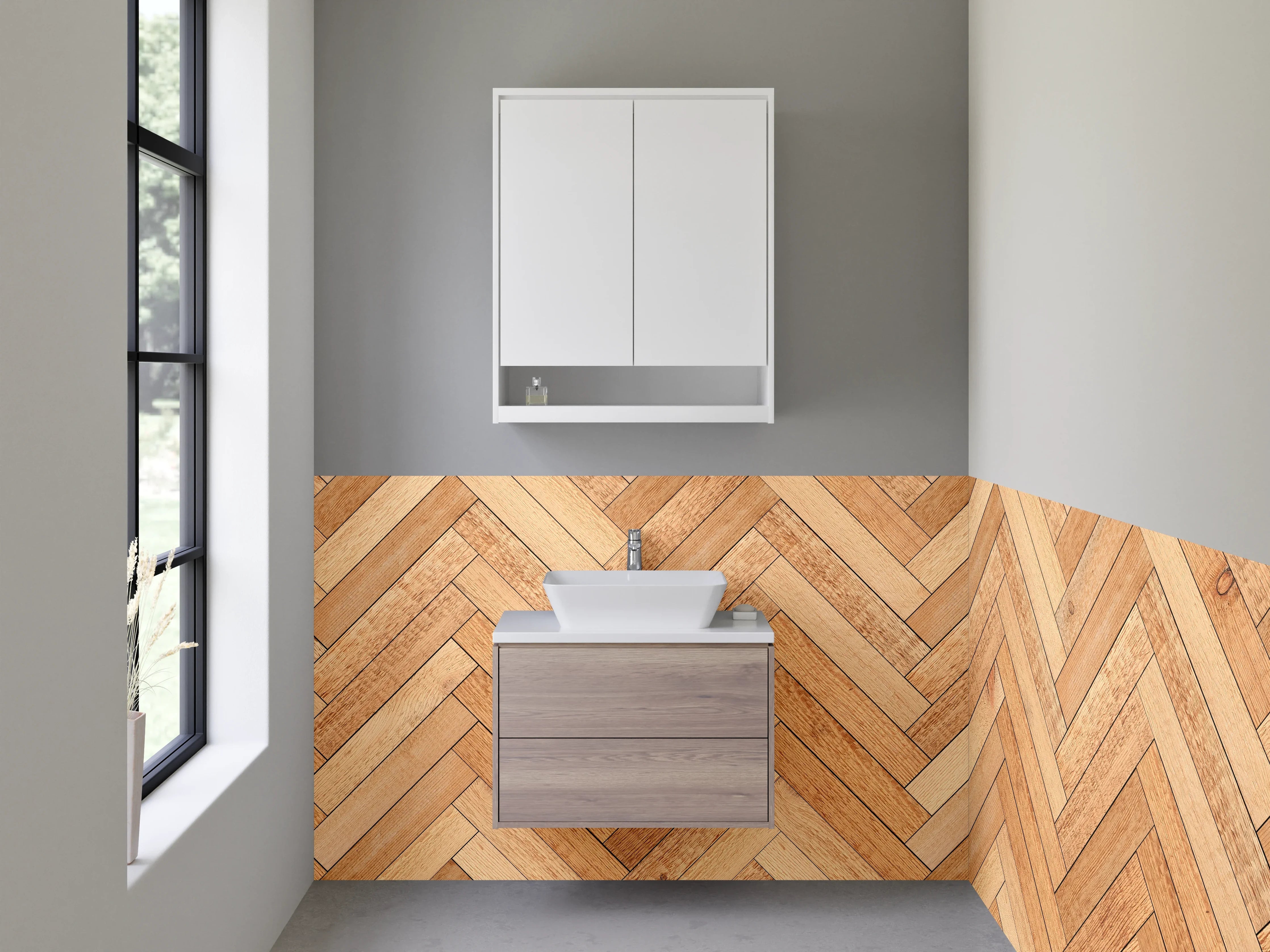 Waschbecken-Rückwand - Helle Holzfliese im Parkettmuster