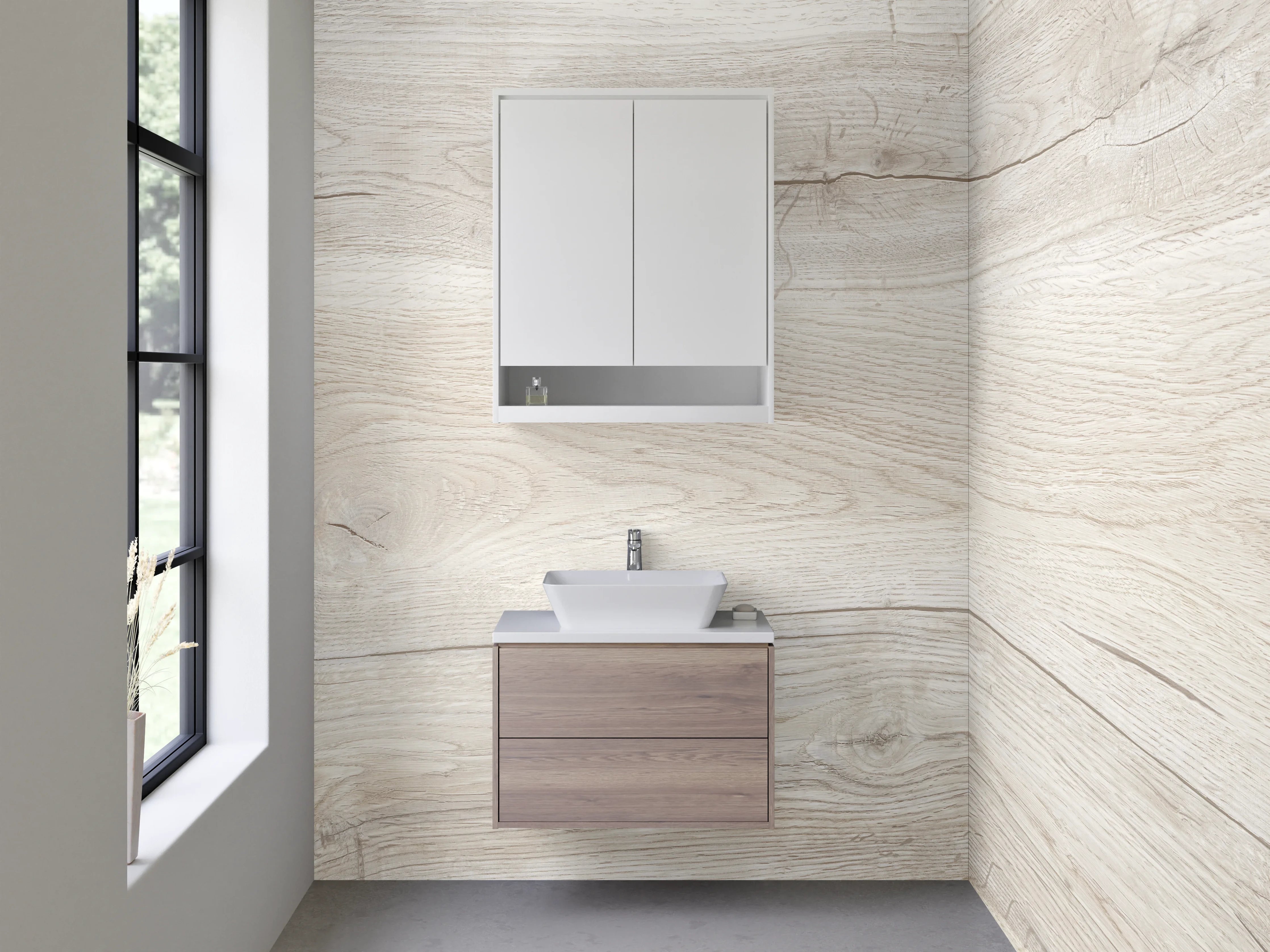 Waschbecken-Rückwand - Helle Holzoptik Waschrückwand Weiß-Grau
