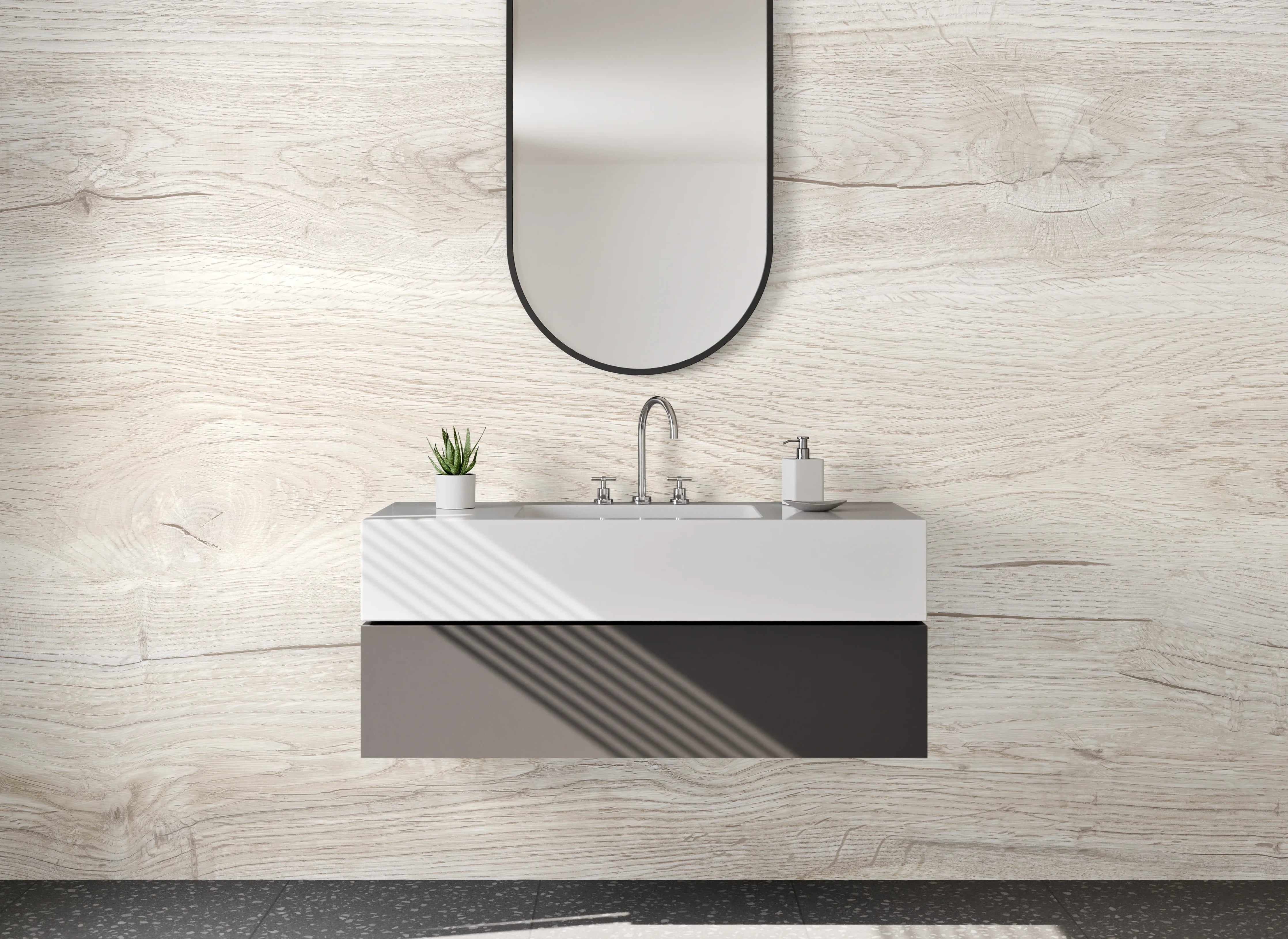 Waschbecken-Rückwand - Helle Holzoptik Waschrückwand Weiß-Grau