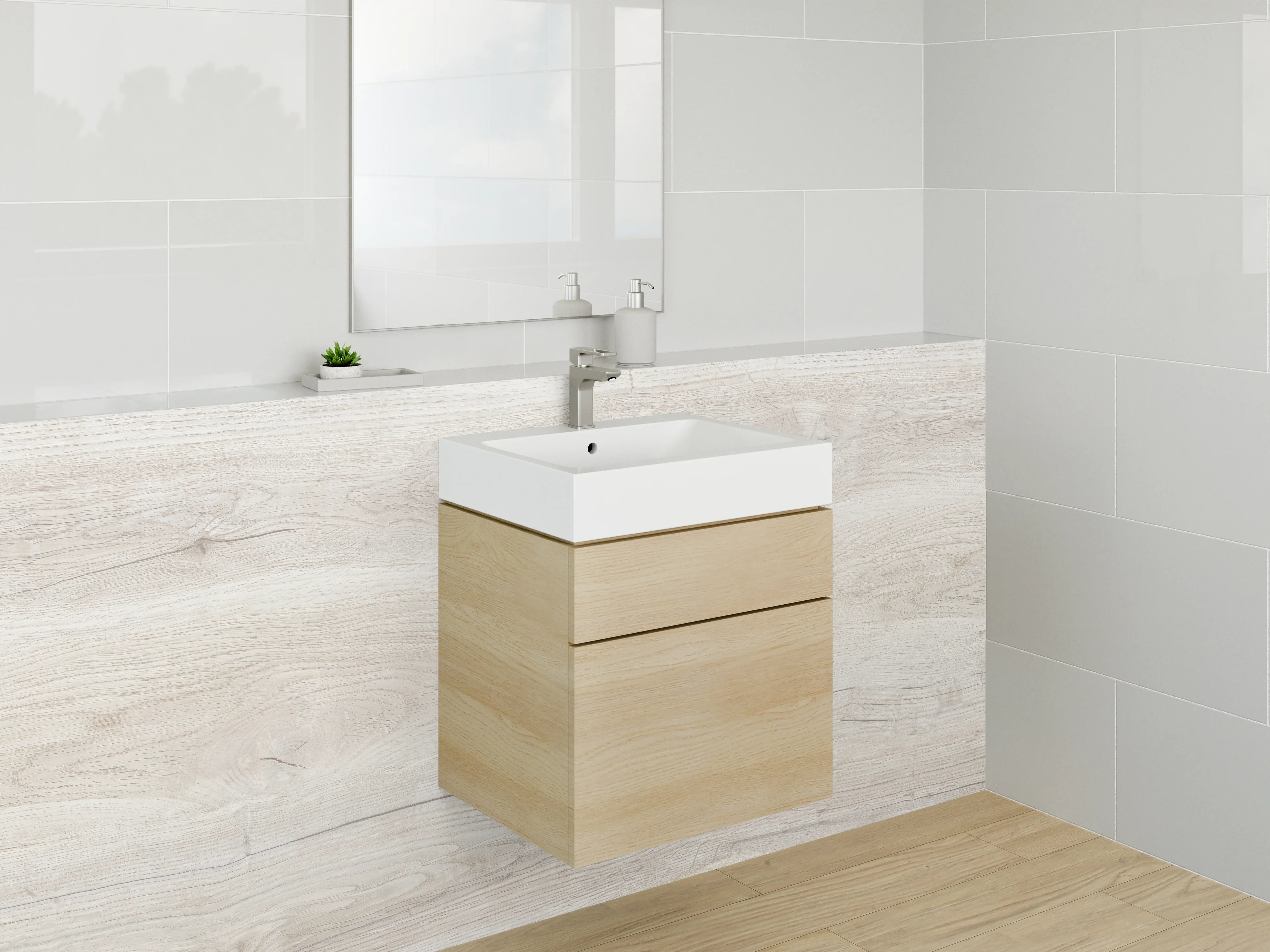 Waschbecken-Rückwand - Helle Holzoptik Waschrückwand Weiß-Grau
