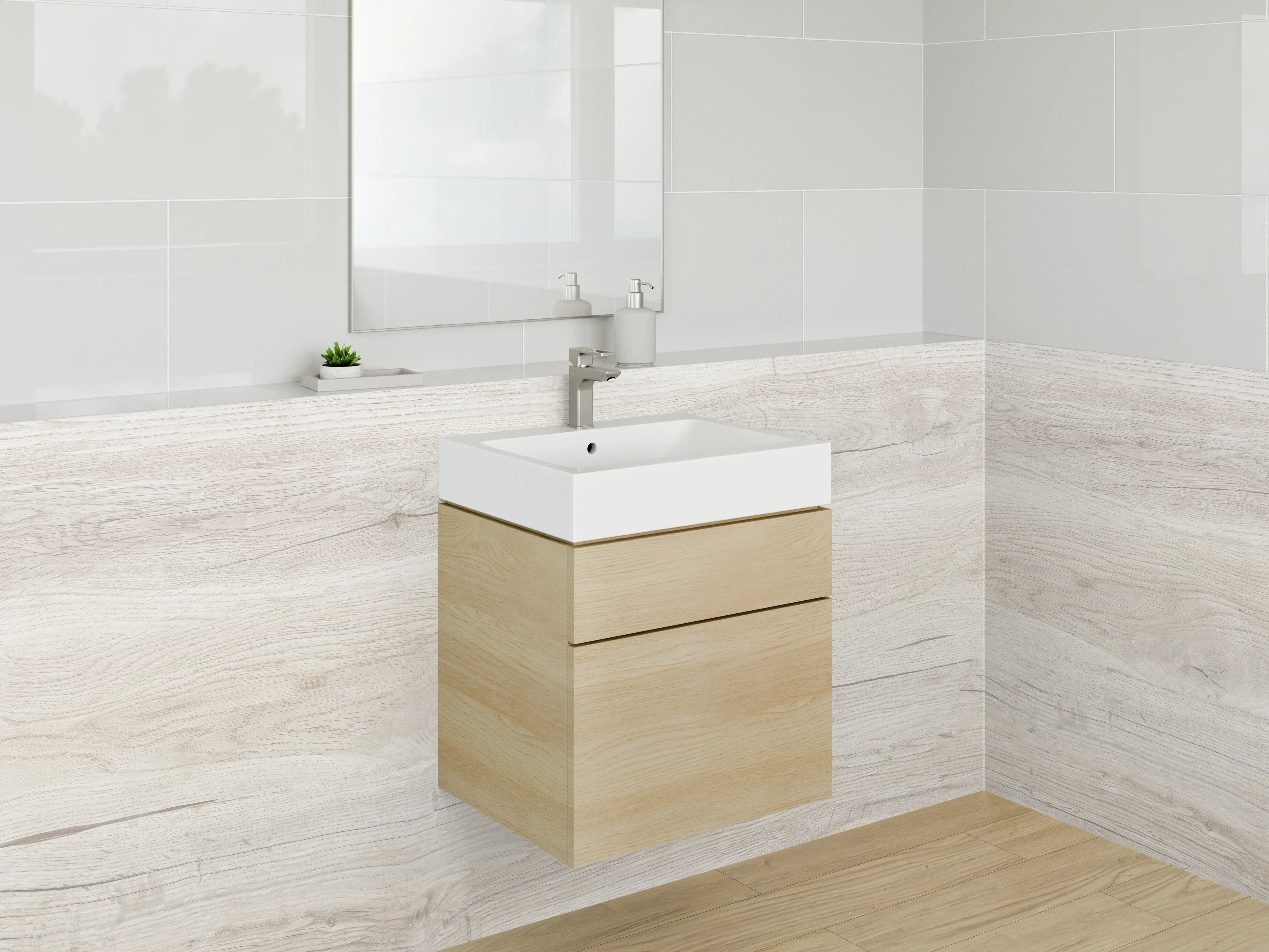 Waschbecken-Rückwand - Helle Holzoptik Waschrückwand Weiß-Grau