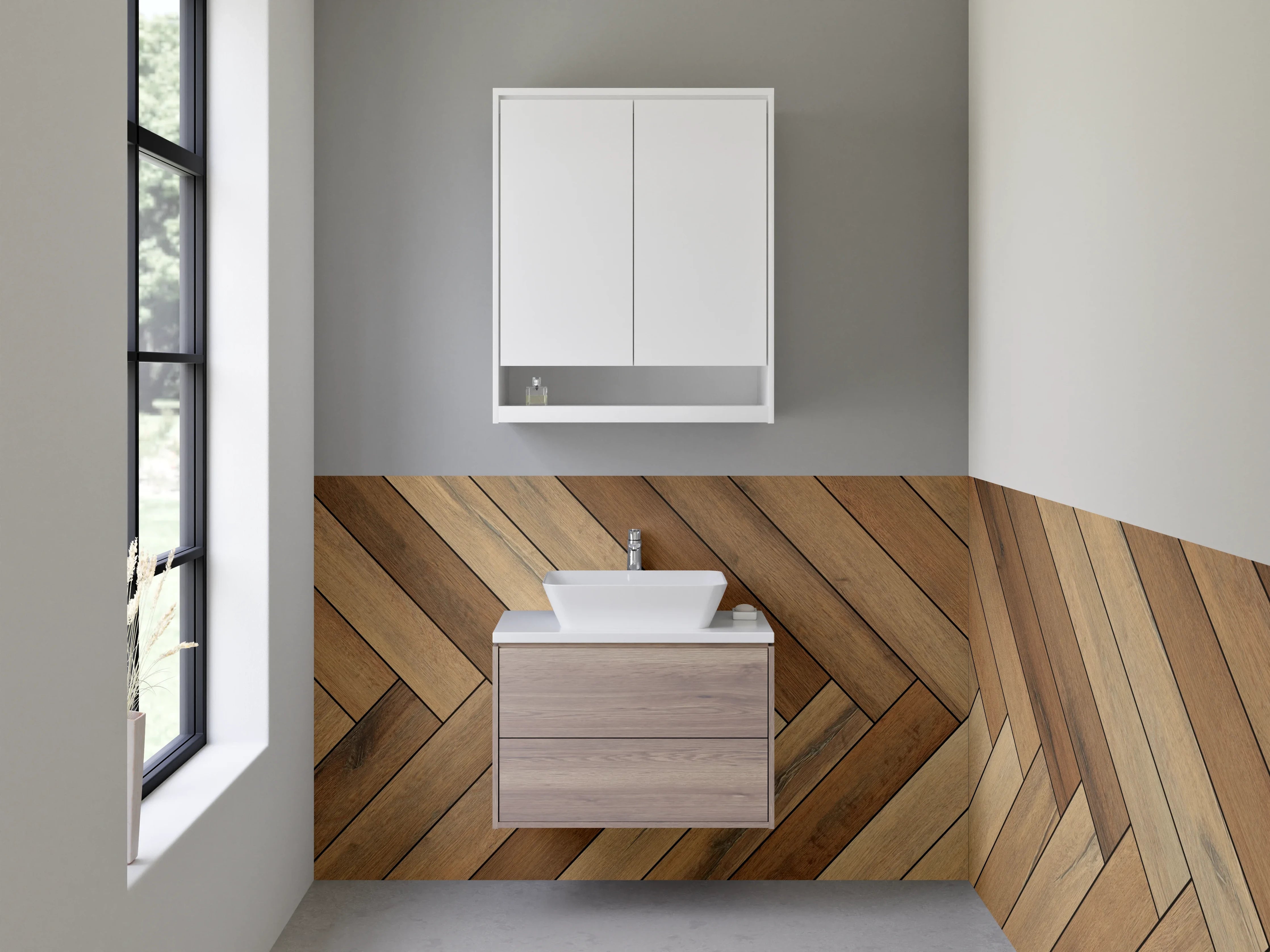 Waschbecken-Rückwand - Helle Holzparkett im Herringbone-Muster