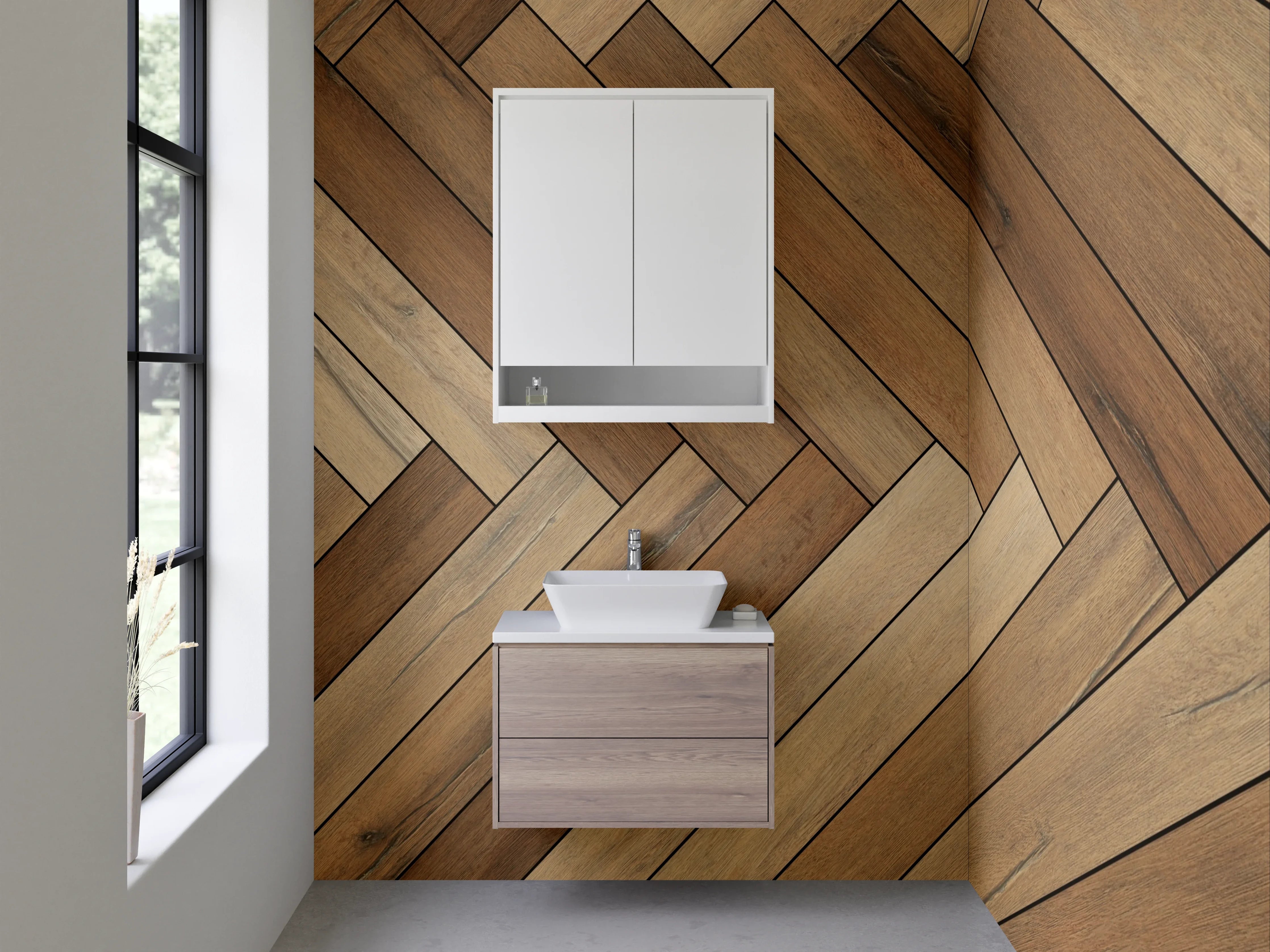 Waschbecken-Rückwand - Helle Holzparkett im Herringbone-Muster
