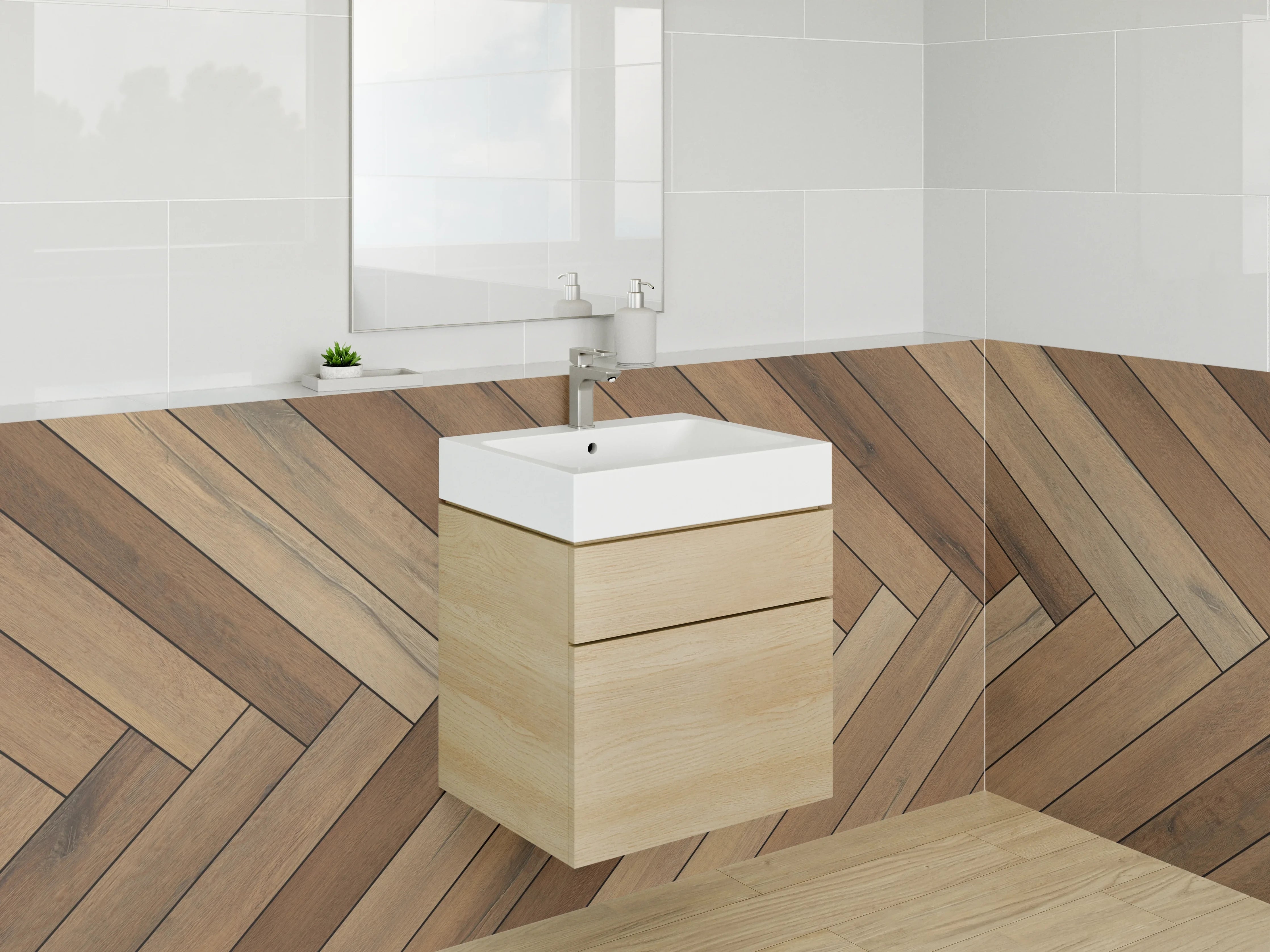 Waschbecken-Rückwand - Helle Holzparkett im Herringbone-Muster
