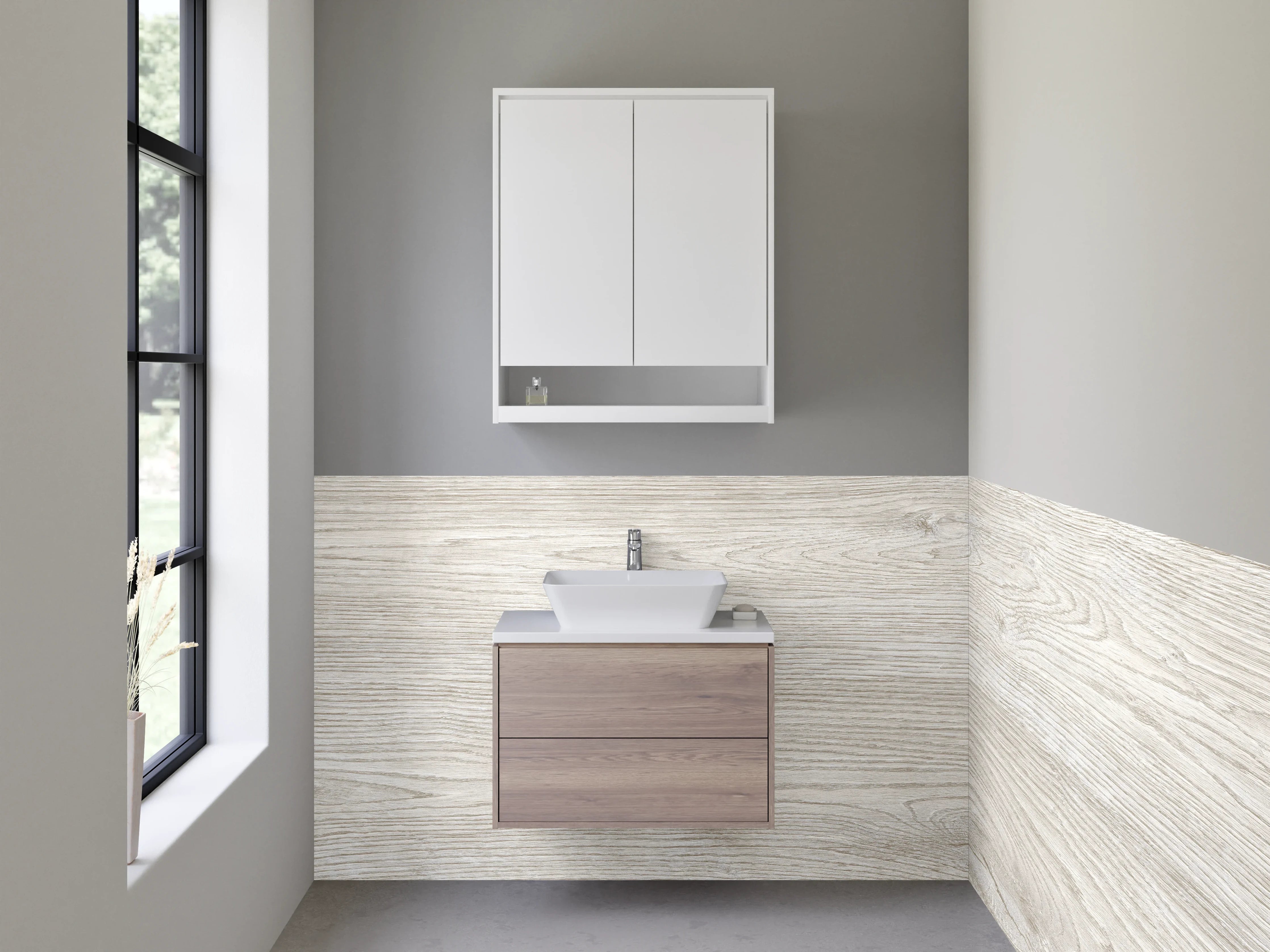 Waschbecken-Rückwand - Helle Holzstruktur in Beige und Grau